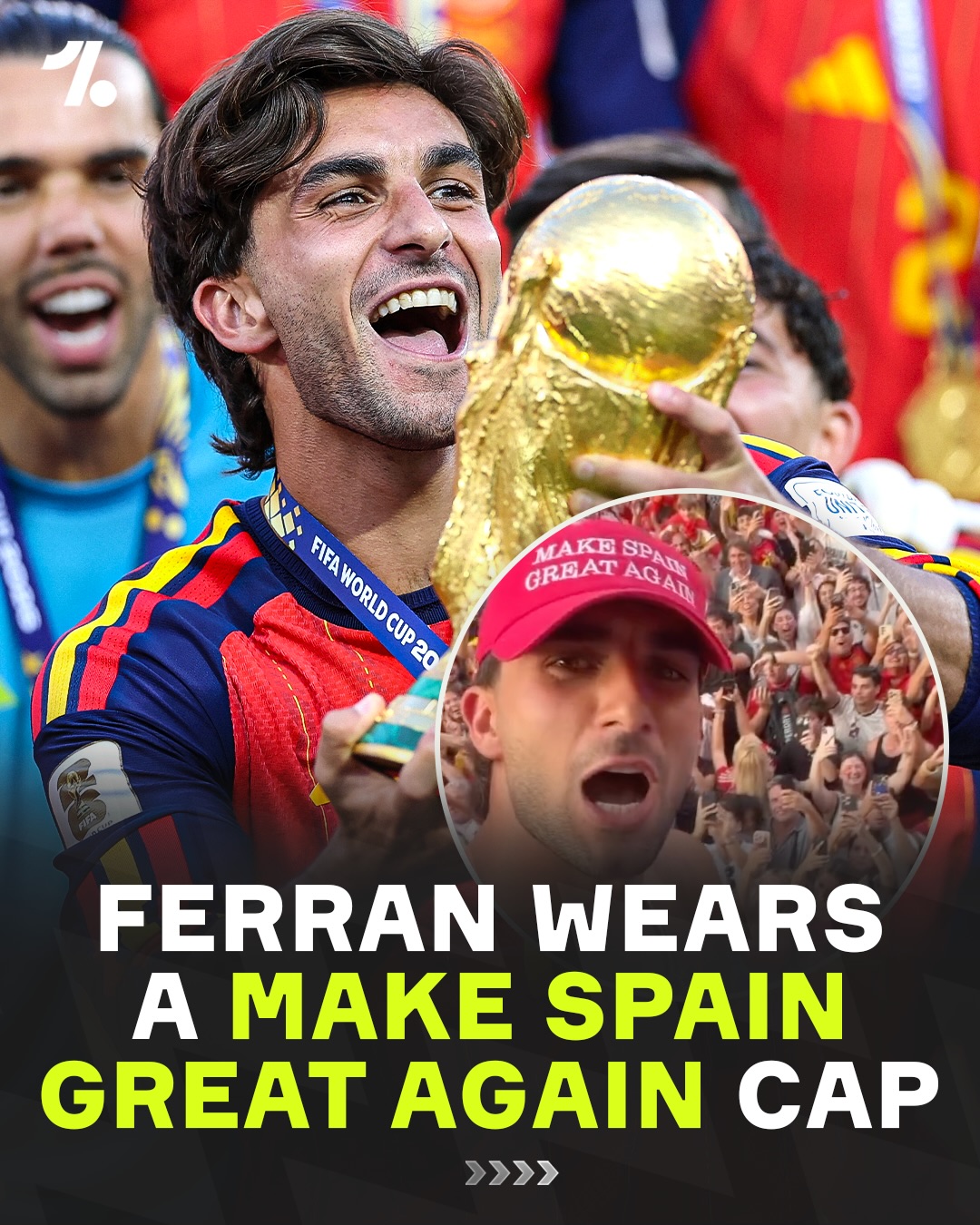 Ferran Torres was spotted wearing a Donald Trump-esque ‘Make Spain Great Again’ cap during Spain’s World Cup trophy celebrations in Madrid 😂🧢🇪🇸

The scorer of the winner made one final nod to the US and their president as he returns home as a national hero 😭👏

📸 @ferrantorres