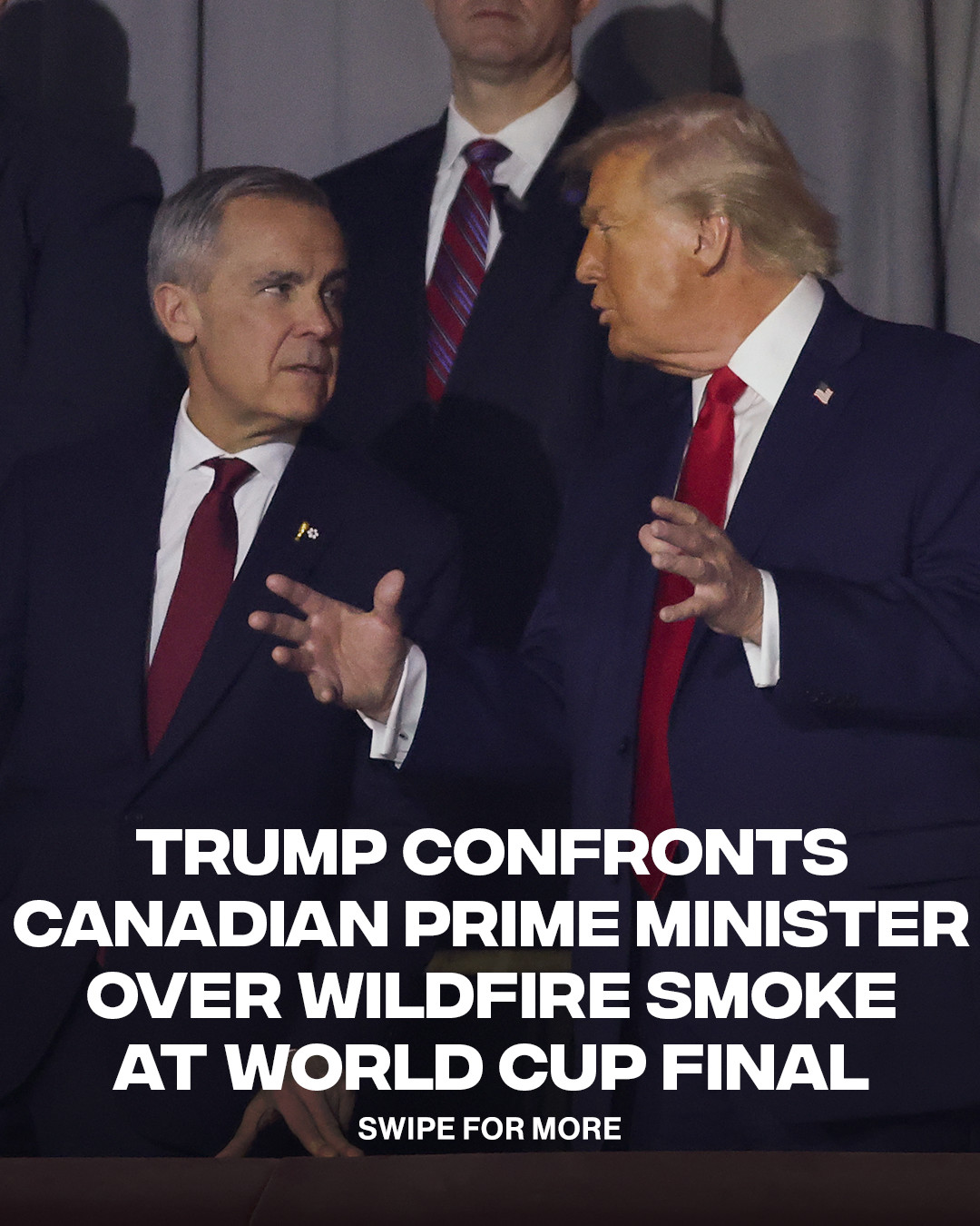 Trump says he confronted Canadian PM over wildfire smoke at World Cup Final.
ㅤ
President Donald Trump said he urged Canada to take action as smoke from ongoing wildfires affected air quality across several American cities. The fires have burned thousands of acres in Canada, with both countries continuing to monitor the impact and work together on the situation.
ㅤ
“It went good, but I told him, you got to stop these fires from coming in and poisoning our air”
ㅤ
[📸: GETTY ]