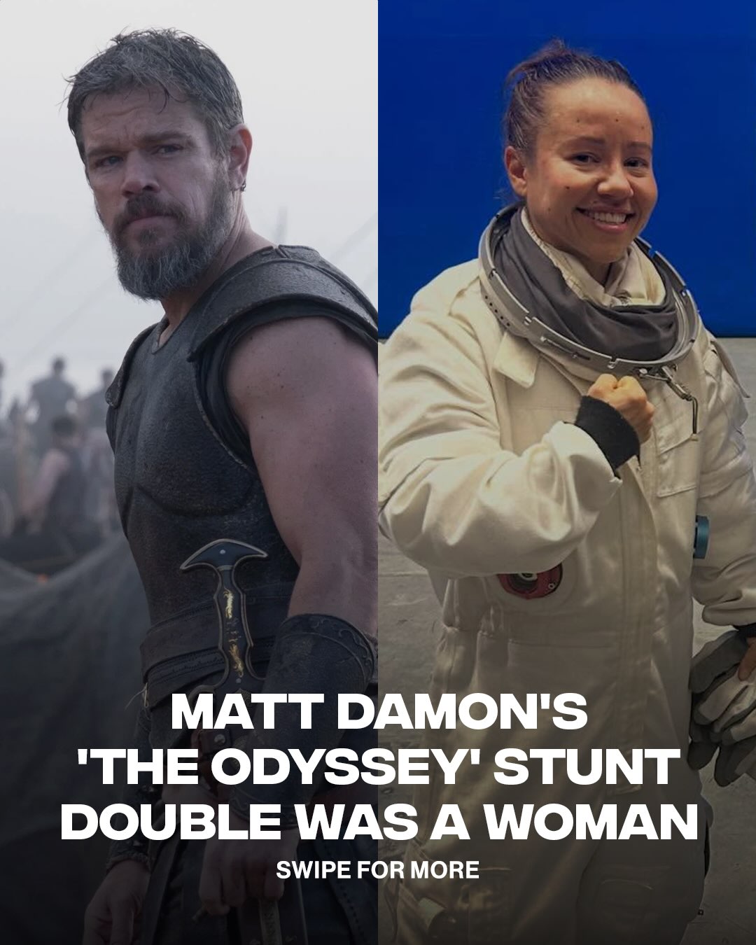 Shoutout to the women behind the scenes 👏

Matt Damon shared that stunt performer Devyn Dalton doubled for him in The Odyssey to help create the movie’s giant-sized Laestrygonians. Dalton, who is under 5 feet tall, worked alongside 7-foot-tall stunt performers to create the visual effect. Damon spoke about the behind-the-scenes filming during an appearance on the Happy Sad Confused podcast.

[📸: @theodysseymovie , @devyn.dalton ]