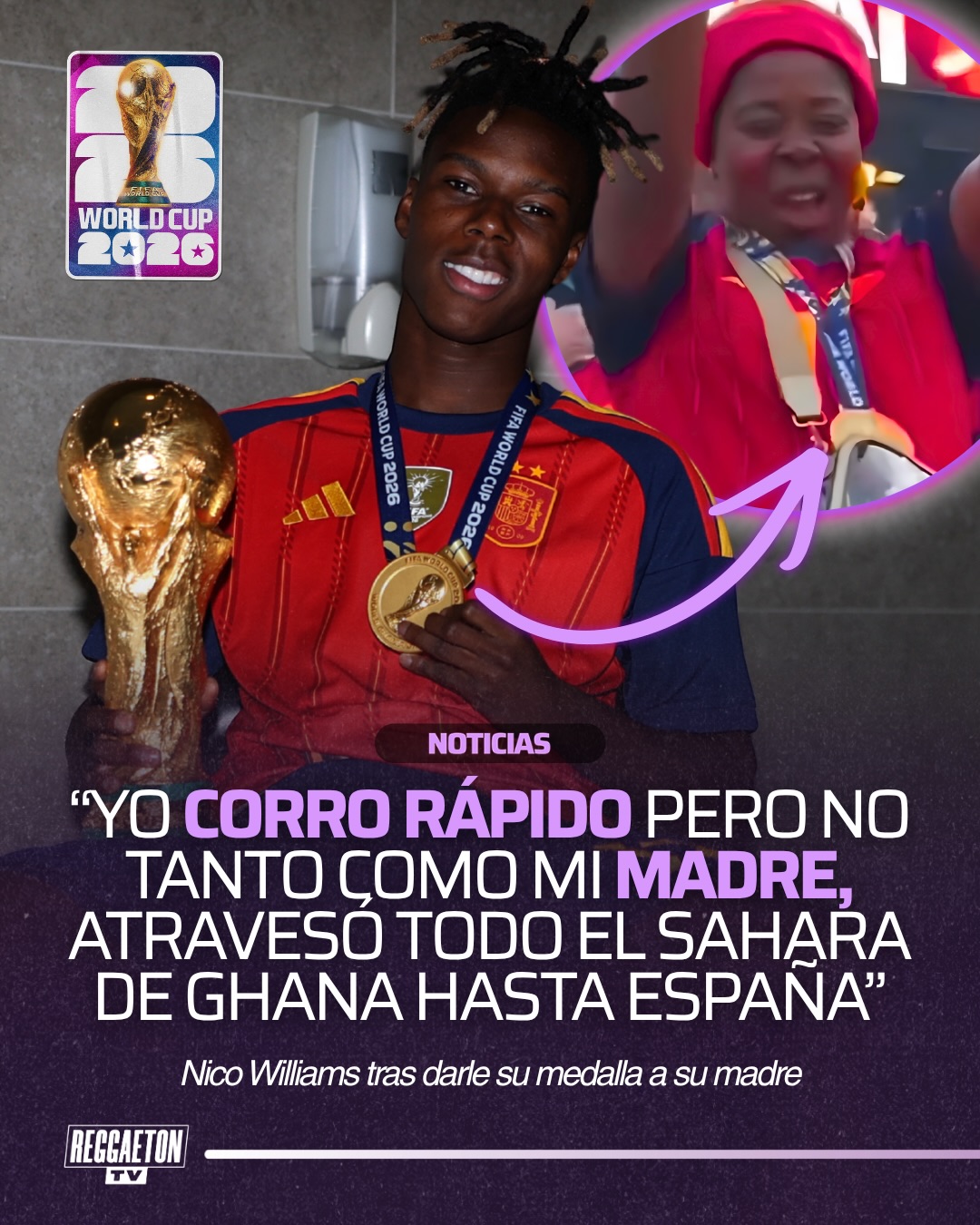 Tras ganar una medalla, el joven atleta Nico Williams decidió dedicársela a la persona que más admira: su madre.

Emocionado, explicó que, aunque él puede correr muy rápido, ella fue mucho más valiente. Huyó de Ghana en busca de una vida mejor, cruzó el desierto del Sáhara y superó un largo y difícil camino hasta llegar a España.

Por eso, quiso entregarle su medalla. Para él, ese logro no solo representa su esfuerzo como deportista, sino también todos los sacrificios que su madre hizo para darle la oportunidad de perseguir sus sueños.
.
Sigue a @reggaetontv para más contenido‼️