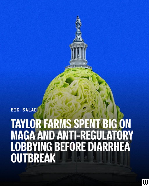 The lettuce supplier at the center of the turbo diarrhea outbreak has spent millions of dollars to sway sentiment around food regulation and elect Donald Trump and other MAGA Republicans, according to public filings.

Taylor Farms donated more than $2 million to conservative political groups in 2025, according to Federal Election Commission filings. That includes a $1 million donation to MAGA Inc., the Trump-centric super PAC, and $1.1 million to other super PACs dedicated to electing Republicans.

From 2020 through the end of 2024, the company donated more than $1.6 million to conservative PACs, including a total of $850,000 to AFP Action, an anti-regulation super PAC with ties to the Koch network.

Bruce Taylor, the chairman and CEO of Taylor Farms, is also a longtime donor to Republican causes. Since 2020, Taylor has personally donated more than $900,000 to Republican PACs and candidates, including contributions to Texas senator John Cornyn and Tennessee senator Marsha Blackburn.

Like many corporate giants, Taylor Farms has also spent big on lobbying related to industry regulation. In early 2025, it hired lobbyists at the firm Sidley Austin to advocate on behalf of the company on “regulation of food safety,” according to disclosure documents. Since then, the company has spent $810,000 on its lobbying efforts.

Tap the 🔗 in bio to read the full story.