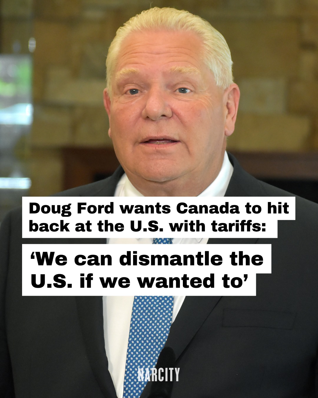 What do you think about this? 

Ontario Premier Doug Ford is calling on Canada to hit the U.S. back with tit-for-tat tariffs if Trump's latest wave of levies goes ahead, warning they would have a $28-billion impact on Canada.

"We are an energy powerhouse and we can dismantle the U.S. if we wanted to, if we all work together," Ford said ahead of a meeting with Prime Minister Mark Carney and the premiers on Tuesday. 

"We're their number-one customer in the world. They need to feel the pain rather than us constantly feeling the pain."

More on what the rest of the premiers had to say at the link in the @narcitycanada bio.

📸: Eli J. Ridder | The Canadian Press