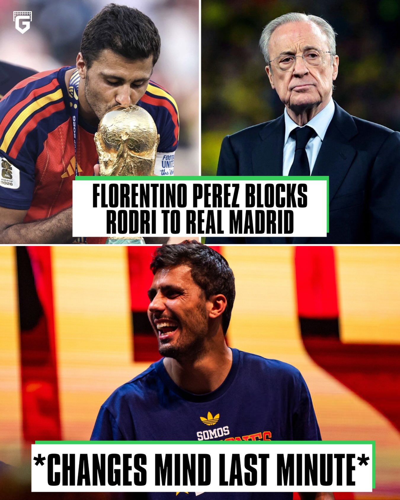 Florentino Perez initially BLOCKED the Rodri move to Real Madrid personally but in a crazy turn of events, Papa Perez has changed his mind... 😳

Rodri reportedly ONLY wants Madrid and was waiting for the opportunity to present itself 🤯

As it stands, Rodri WILL join Real Madrid very soon.