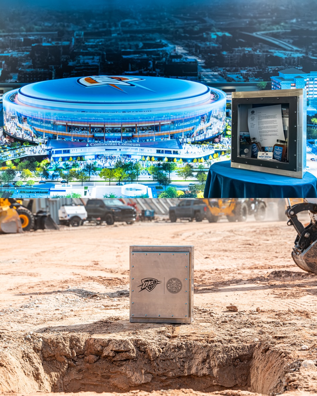 As the concrete pouring process began for Continental Coliseum, a legacy capsule was carefully placed within the foundation—preserving the story of the community that made this moment possible.
 
Inside are artifacts that connect Oklahoma City’s past, present and future: a wooden coin from the 1972 opening of the Myriad Convention Center, a letter from Oklahoma City Mayor David Holt, a copy of “Hope Wins,” the iconic photo by OKC Thunder photographer Jimmy Do, captured during the 2025 NBA championship parade, Continental Coliseum groundbreaking memorabilia, four oil samples from active Continental Resources wells in Oklahoma’s Anadarko Basin, a timeline chronicling more than three decades of civic investment... 
 
Among the most meaningful items are two ordinary pennies. One dates to 1993, when Oklahoma City voters approved the original MAPS initiative and began transforming the city through a temporary one-cent sales tax. The other is from 2023, when voters approved building Continental Coliseum, continuing that tradition of investing in Oklahoma City’s future.
 
These artifacts tell one story: that lasting change is built over time, through a shared commitment to something bigger than ourselves.
 
Every artifact in the legacy capsule represents a chapter in Oklahoma City’s journey. Together, they preserve the story behind Continental Coliseum—and the vision that continues to shape the city’s future.