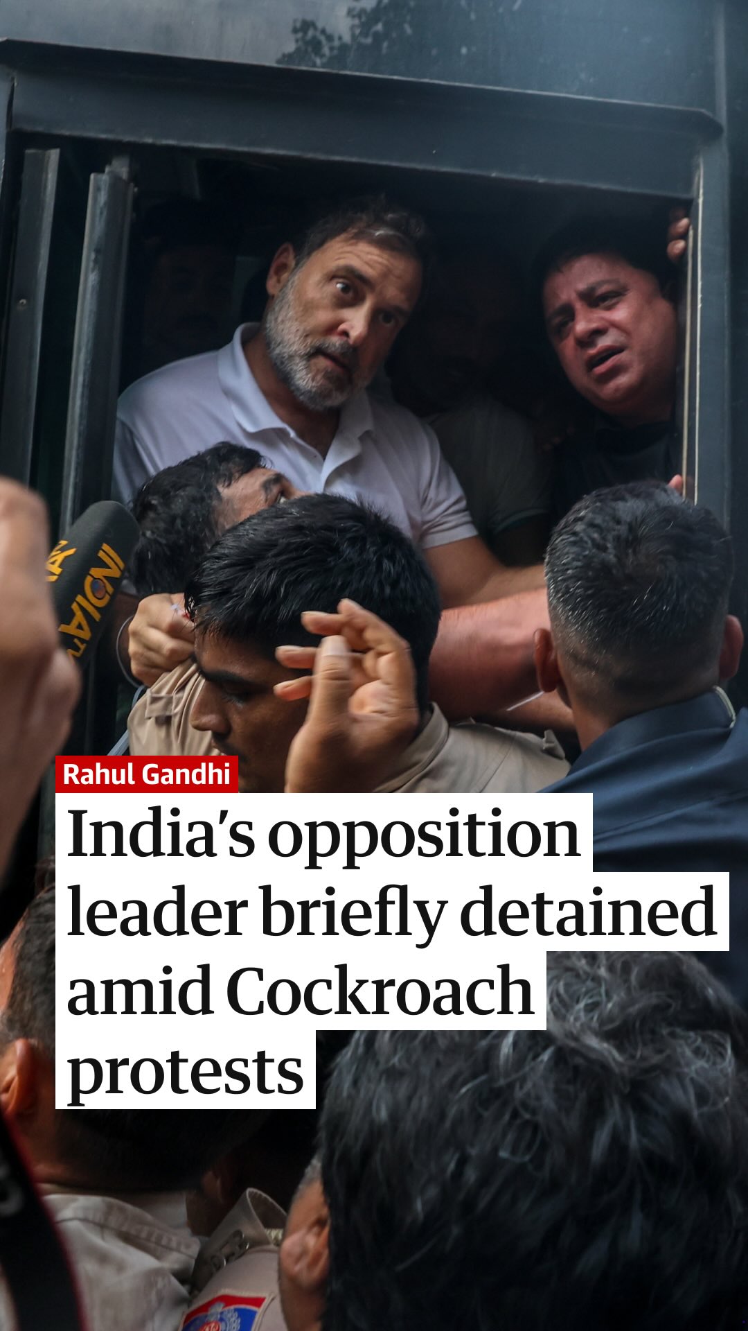 Police in India have briefly detained the opposition leader Rahul Gandhi during protests calling for the resignation of Narendra Modi in solidarity with the youth-led Cockroach movement. The movement began as a satirical online joke but has grown into a significant political challenge to the Modi government. 

Footage showed police holding Gandhi, the leader of India’s Congress party, by his arms and legs as they forcefully removed him after a sit-in outside the prime minister’s house in Delhi on Tuesday afternoon. 

Gandhi was forced into a nearby bus and removed from the area. Chaotic scenes ensued as protesters appeared to try to board the vehicle as it sped away. 

For our full explainer on the Cockroach Janta party from the Guardian’s Delhi-based south Asia correspondent Hannah Ellis-Petersen head to the link in bio.