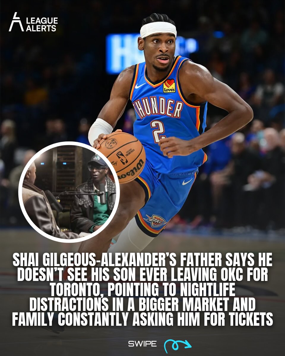 Shai Gilgeous-Alexander’s dad Vaughn doesn’t expect his son to ever leave Oklahoma City for a bigger market. He pointed to nightlife distractions and family always asking for tickets, and said Shai is perfect where he is unless politics ever forces a change.