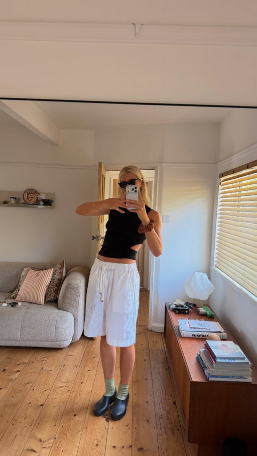 Always on repeat. @label.hjem custom made me these shorts a few years ago and they are so perfect, crafted from old shirts 🌼