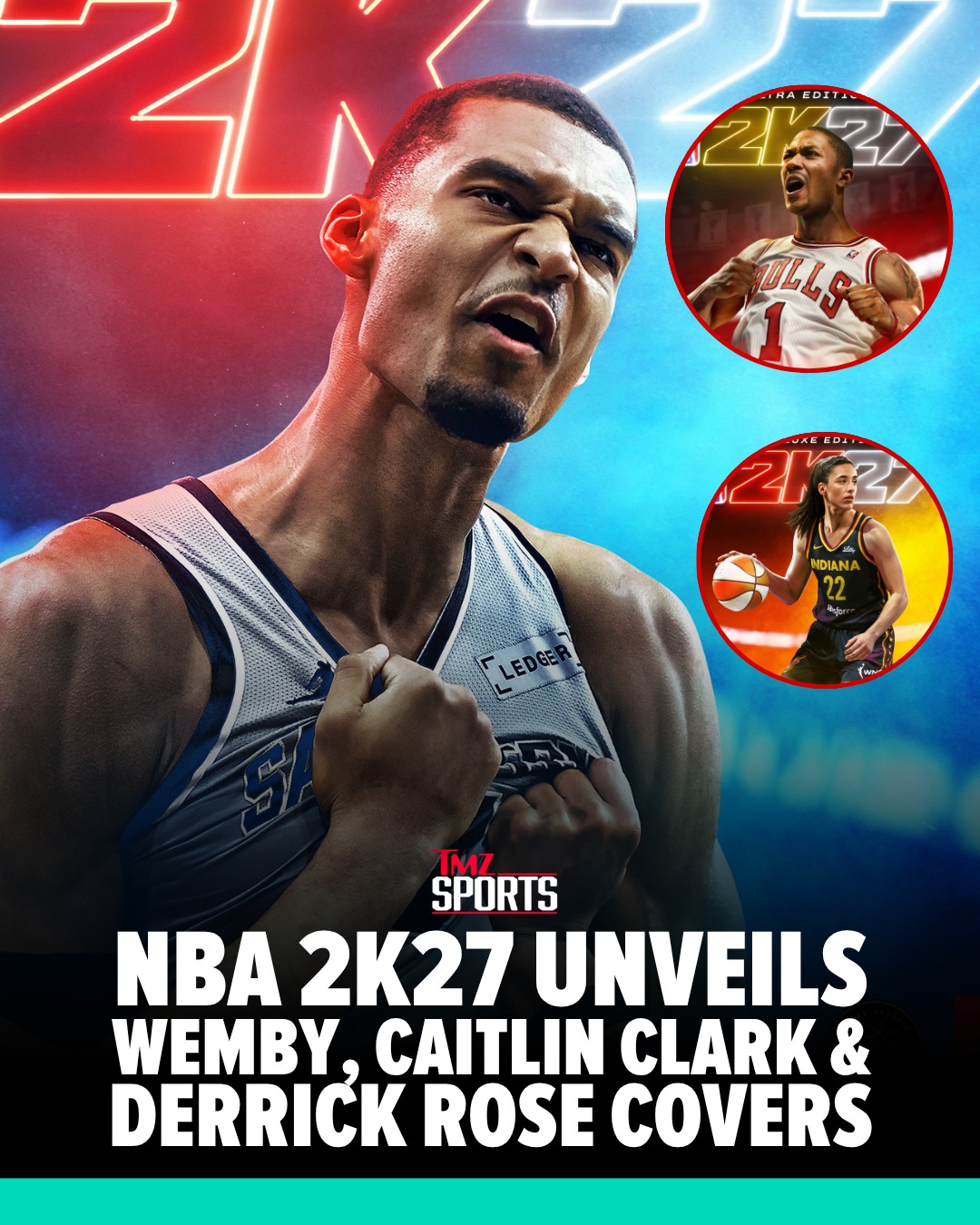 Three No. 1 picks, three Rookie of the Year winners. Victor Wembanyama, Caitlin Clark and Derrick Rose are officially the cover stars of NBA 2K27. 🏀