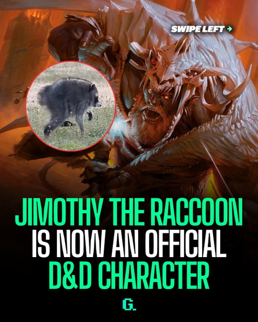 D&D's official account dropped a full stat block for the internet's favorite mutant raccoon — complete with a "Compact Frame" trait letting him squeeze through 4-inch gaps, and an attack called "Hurl Garbage" that leaves enemies stinky 🦝🎲

from viral Seattle sighting to canon NPC in one week. he's already been modded into Skyrim and Stardew Valley too — Jimothy's really doing a full media takeover
