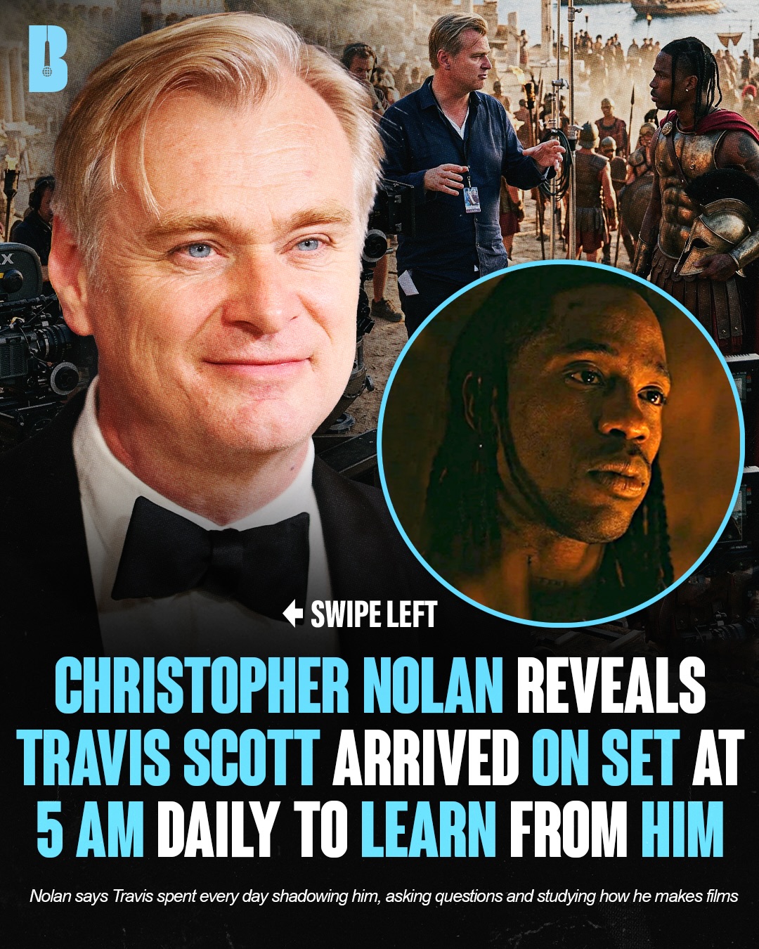 Follow @Bars for more content like this ❤️

Christopher Nolan says Travis showed up to the set of ‘THE ODYSSEY’ at 5 a.m. every day and stayed until 3 p.m. just to learn🥹🐐

Instead of only focusing on his own scenes, Travis spent his time shadowing Nolan and cinematographer Hoyte van Hoytema, asking questions and studying how they framed shots on IMAX cameras

Nolan also called Travis “super smart and super creative,” saying he has a natural understanding of how to captivate audiences through both sound and visuals

📰: @vanityfair