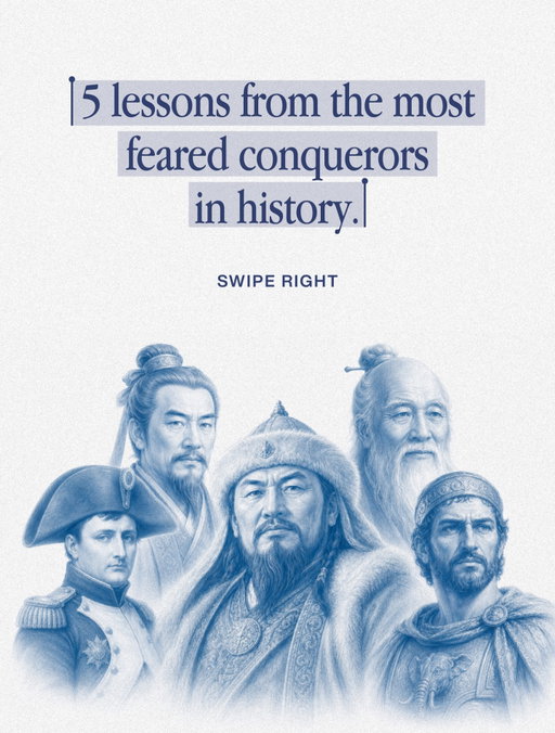 None of these five men are famous for what they said. They’re famous for what they did with 30,000 men, a mountain range, or a Persian empire. But look at the words again. Not one of them is about strategy against an enemy. Every single one is about the war inside first.

Genghis Khan is talking about fear management before action. Napoleon is talking about belief overriding evidence. Hannibal is talking about refusing « impossible » as an answer. Sun Tzu puts self-knowledge before enemy-knowledge, in that order, on purpose. Lao Tzu just says it outright: control over others is power, control over yourself is the real strength.

Five men who reshaped continents, and the actual mechanism behind all of it was internal before it was ever external. They didn’t conquer the world and then, as a side effect, learn to conquer themselves. The self-command came first. 

The empire was just what it looked like from the outside.
Most people are optimizing the wrong side of that equation.

[Huge inspiration from herman.1ind Follow him for more similar content]

#SEI #HumanNature #SelfMastery #Discipline