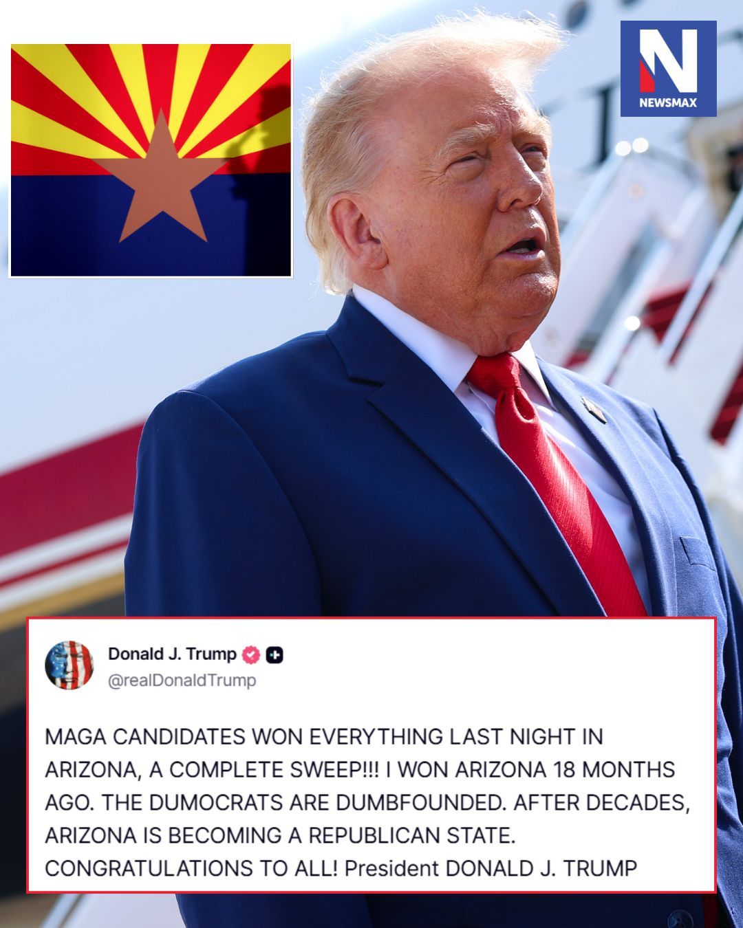TRUMP ARIZONA WINS: President Donald Trump celebrated a string of victories by his endorsed candidates in Arizona's Republican primary Tuesday, declaring the results a sign that the battleground state is continuing its shift toward the GOP. ⁣
⁣
For more info on this story, please visit the link in our bio or Newsmax.com.