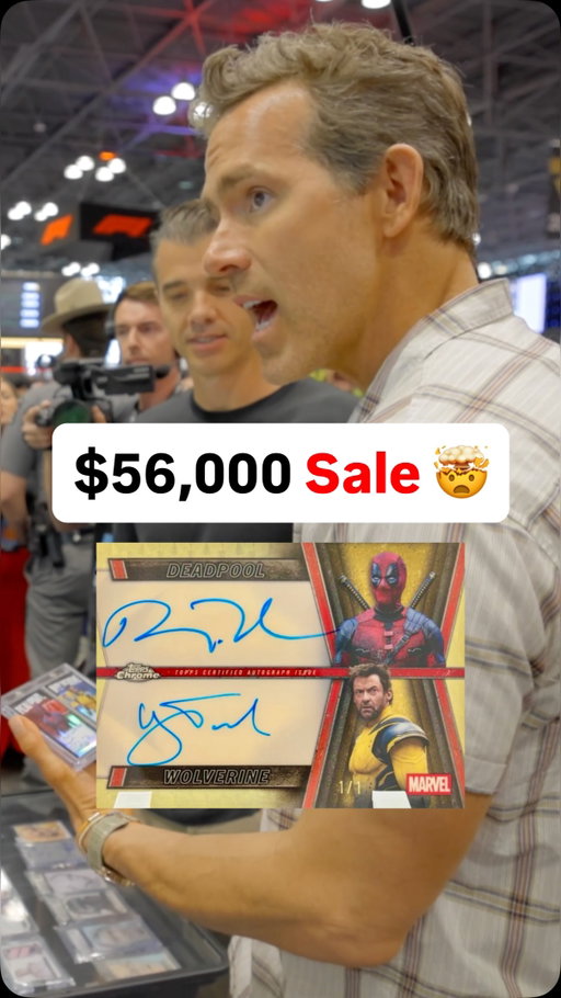 Ryan Reynolds reacting to his 2025 Topps Chrome Deadpool & Wolverine Dual Auto Superfractor selling for $56,000 #Thehobby