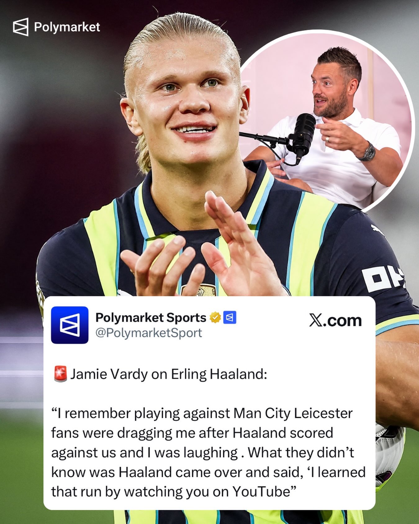 🚨Jamie Vardy on Erling Haaland:

“I remember playing against Man City Leicester fans were dragging me after Haaland scored against us and I was laughing . What they didn’t know was Haaland came over and said, ‘I learned that run by watching you on YouTube”