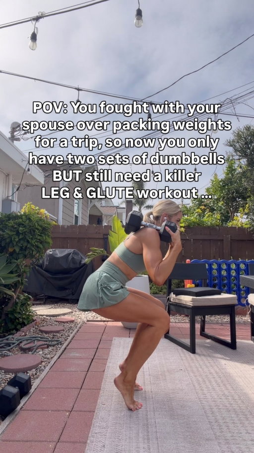 Leg & Glute workout. I planned to put these in my stories, so the quality isn’t amazing, but this was the scenario and I figured it was worth sharing some reality for a post. If you watch my stories, you already know I lost the fight to bring more weights on our beach trip last week, which is rare for me. 😂

So I made all my workouts work in our Airbnb with two sets of dumbbells, bands, and bodyweight. This was my leg day, and it worked like a champ.

I did this set and ended up loving it . I actually plan to add it to my Make Fit Simple app in the weekly workouts with some core work at the end.  I have 11 Kick A programs and you can take a short quiz in the app to see what’s right for you! Drop PLAN to try it free for 7 days with any plan.

For this workout:
The first move is brutal for your balance and beat the crap out of my quads. 😂 You can also just stay in the low squat position and rock on and off your heels, as long as you pause when you move up onto your heel’s like the modification shows.

2nd move: I prefer a kickstand RDL because you can use a lot more weight, and I feel a bit more stable with the other toedown. But since my weight was lighter, I switched to a single-leg RDL, which is definitely much harder on your balance, as you can clearly see.

12 reps of each 4 rounds 5 if you’re feeling spicy!

@dfh.training.pics