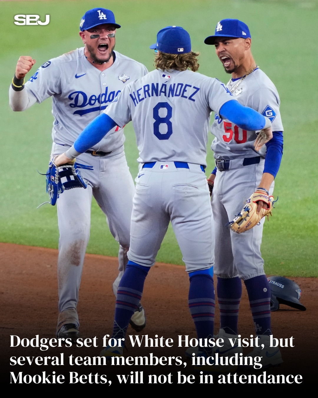 Dodgers celebrate their 2025 World Series title at the White House today — but not everyone's there. 

Mookie Betts is sitting this one out. Dave Roberts & Miguel Rojas have a Capitol Hill stop first, and Kiké Hernandez is on a rehab assignment. 

Clayton Kershaw is expected to join the team as well.

(via Orange County Register)