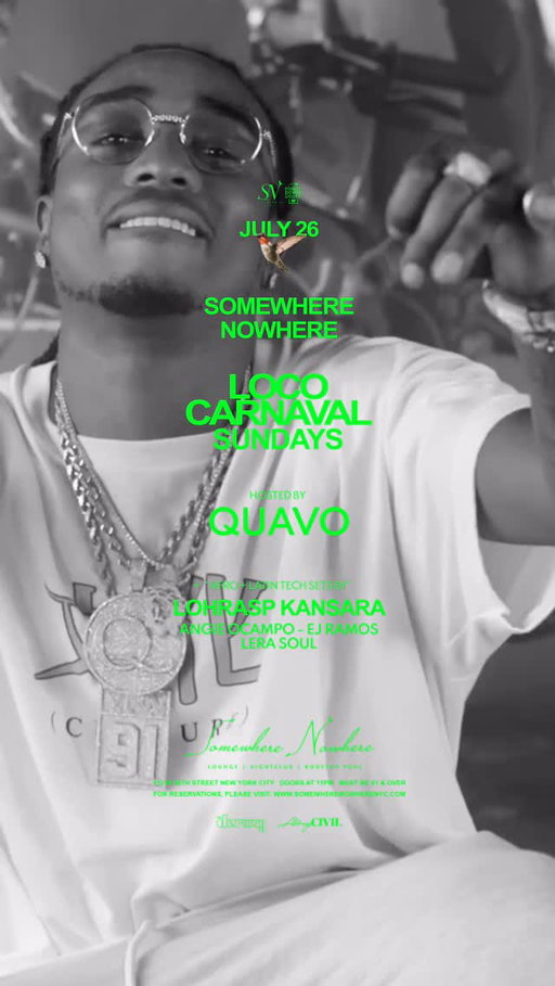Loco Carnaval just gets more LOCO every week! 🤪 Sun, July 26 - @quavohuncho (live) x @lococarnavalparty with Lohrasp Kansara at Somewhere Nowhere NYC + hosted by @nathanleongnyc 🛸 Comment “entry” for tickets and table reservations.