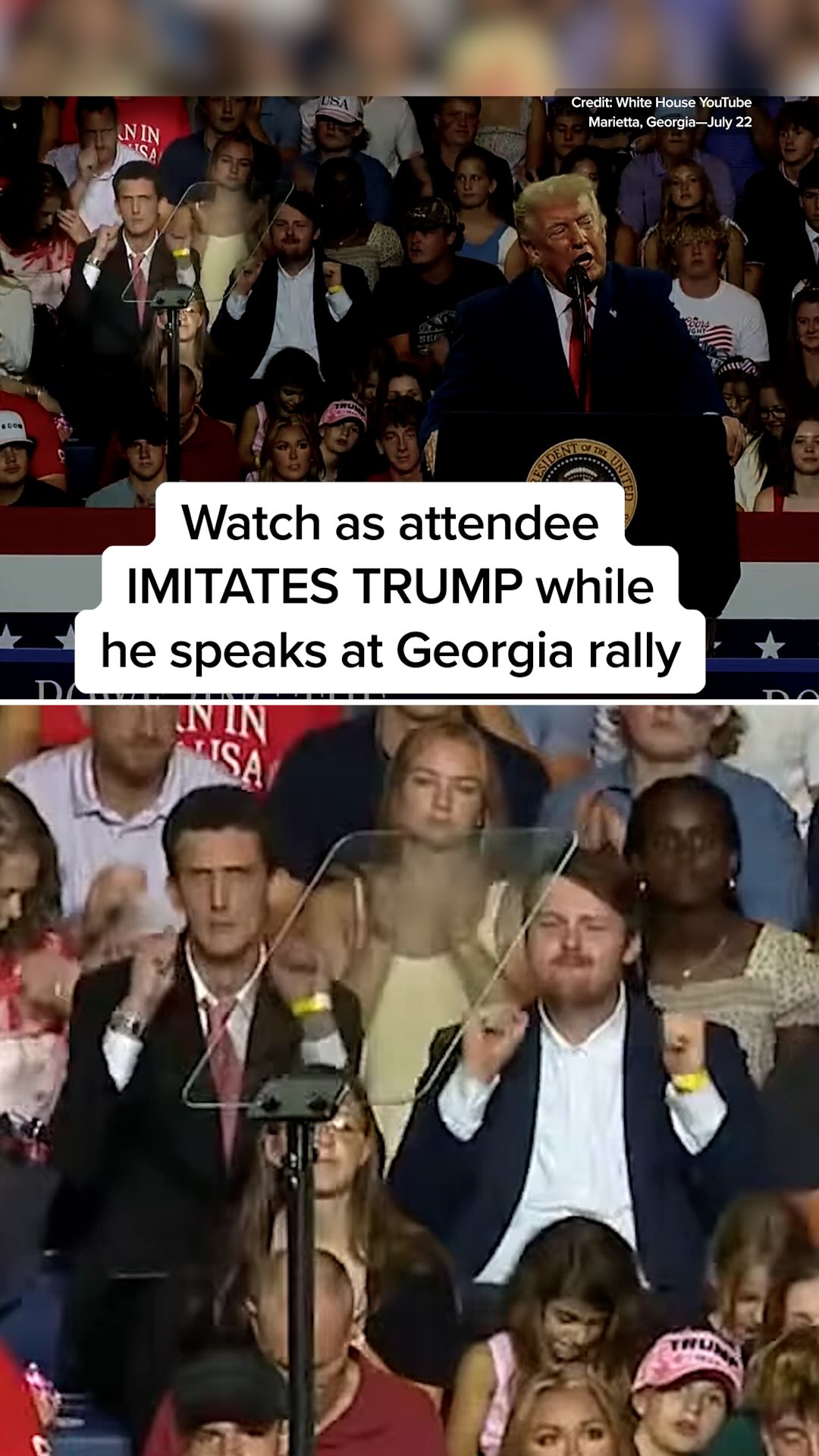 An audience member at President Trump’s Georgia rally shows off his Trump impersonation as the president speaks in front of him.

#news