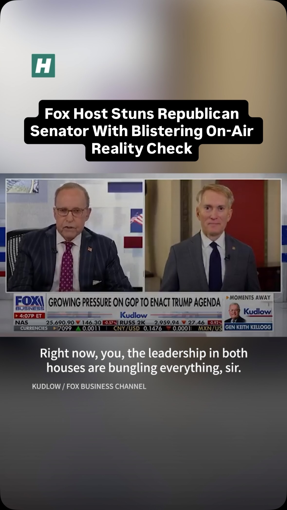 Fox Business host Larry Kudlow — one of Donald Trump’s first-term economic advisers — on Wednesday delivered a blistering condemnation of the GOP, before repeating the rebuke directly to a Republican senator’s face. Watch the moment here.