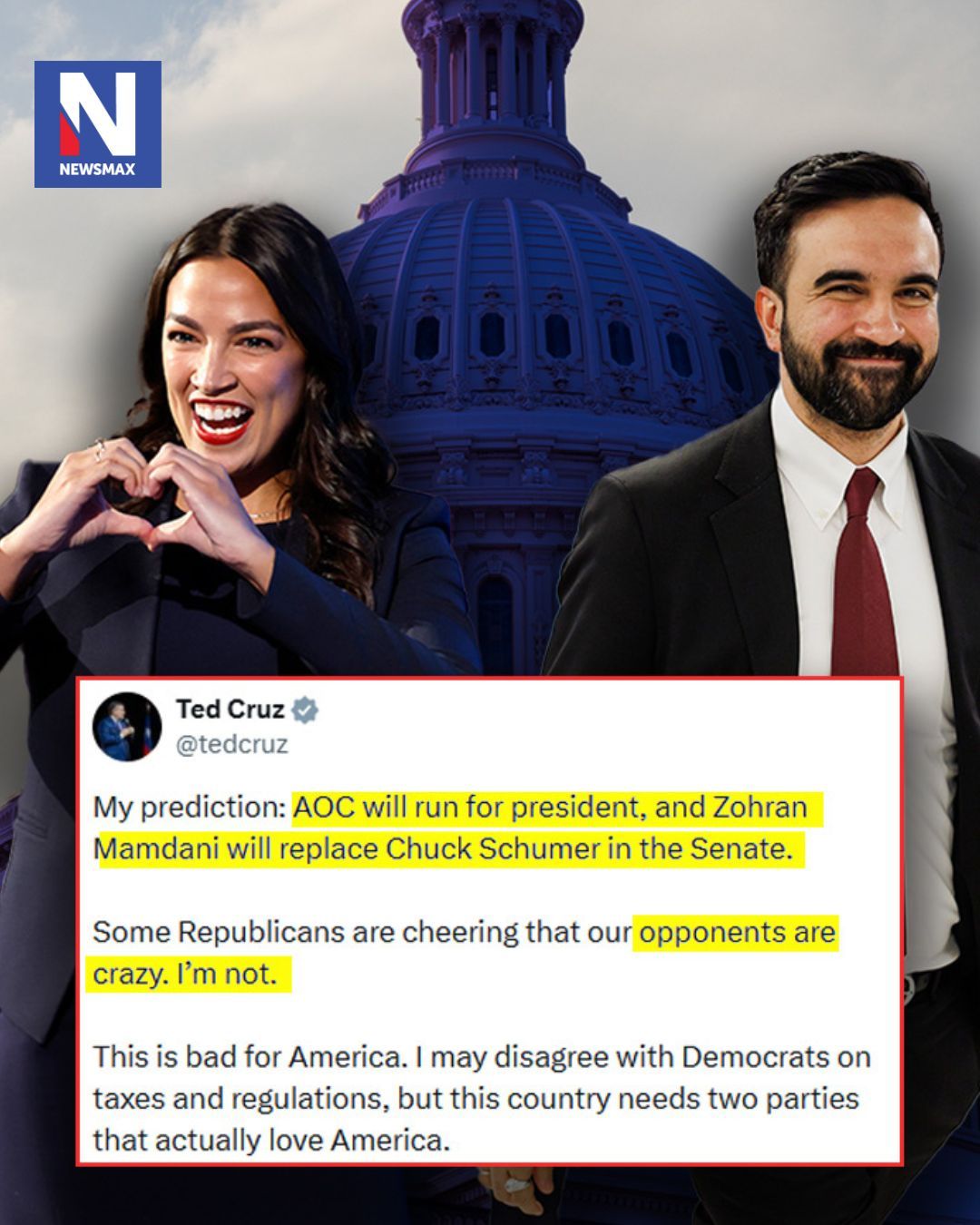 BOLD PREDICTION: Sen. Ted Cruz predicts Rep. Alexandria Ocasio-Cortez will run for president, and NYC Mayor Zohran Mamdani will replace Chuck Schumer in the Senate.