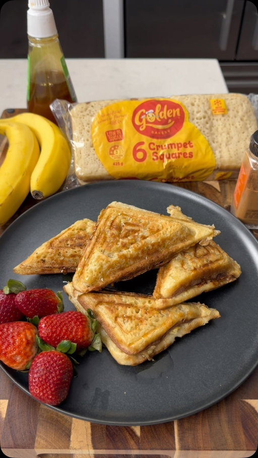 Golden Bakery Crumpets, whether they’re round or square they’re a staple in my family for breakfast or as I’ve done today a sweet treat.

For my Golden Crumpet banana and honey delight all you need is:

4 square Golden Crumpets
1 sliced banana
1/4 cup honey 
1 teaspoon cinnamon 

No need to butter the toastie maker, simply pop in your square Golden Crumpets and add a layer of sliced banana, drizzle honey over the banana and sprinkle the cinnamon. Pop on top the Golden Crumpets and close the lid.

Cooking time is approximately 5-6 minutes or to your liking.

Pick up your Golden Bakery Crumpets from the supermarket on your next grocery run.

#goldencrumpets @golden.crumpets