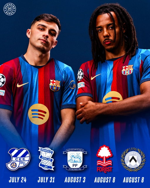 🚨🔵🔴 𝐈𝐓’𝐒 𝐓𝐈𝐌𝐄: FC Barcelona’s 2026/27 season officially BEGINS today. 🤩🏟️

Hansi Flick’s Barça are back in action with a packed pre-season before the road to La Liga, the Champions League and every major trophy begins. 🏆

🗓️ 24 Jul — CE Europa 🇪🇸
🗓️ 31 Jul — Birmingham City 🏴󠁧󠁢󠁥󠁮󠁧󠁿
🗓️ 3 Aug — Preston North End 🏴󠁧󠁢󠁥󠁮󠁧󠁿
🗓️ 8 Aug — Nottingham Forest 🌳
🗓️ 8 Aug — Udinese 🇮🇹
🗓️ 19 Aug — Al Ahly 🇪🇬 (Gamper Trophy)
🗓️ 23 Aug — Elche 🇪🇸 (La Liga)
🗓️ 27 Aug — Athletic Club 🏟️

The journey starts NOW. 🍿🔥