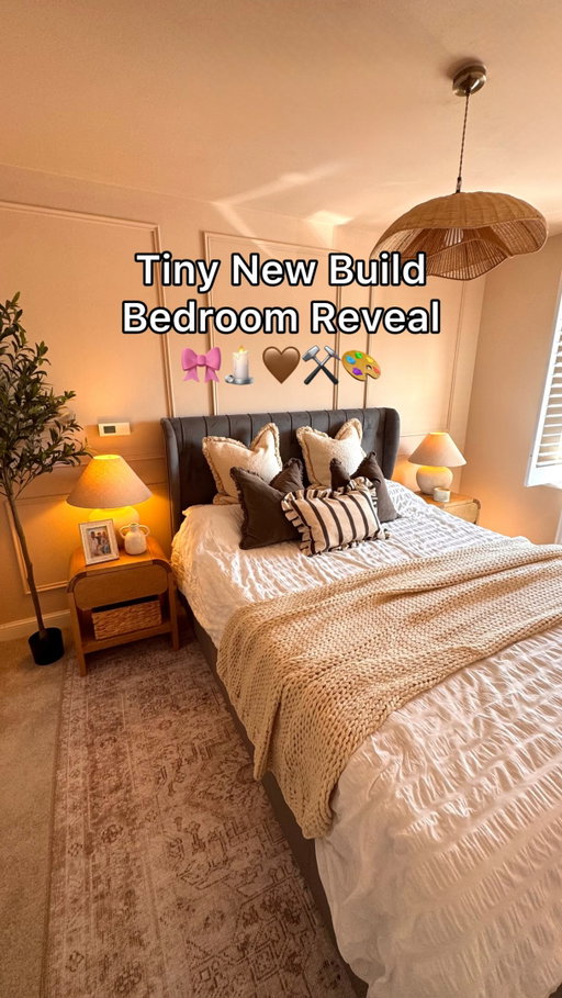 Ad The final bedroom reveal.. I’ve set myself a 30 minute room glow up challenge! Adding all the finishing touches and decor from @dunelmuk🥰​

The cushion combo has to be my favourite. The mix of textures and warm neutral tones instantly makes the room feel so much cosier and more elevated!​

Wow I am totally in love with this space it’s turned out better than I ever dreamed it would! Let me know what you think?🥹🤎​

#bedroommakeover #newbuildjourney #dunelm #ukmum #bedroomdecor

Products Featured:
Sandi Ceramic Table Lamp - £50
Vogue Leila Plain Floor Lamp - £190
Gabriella Washable Rug - £89
Dione Adjustable Rattan Pendant Light - £145
Aria Seersucker 100% Cotton Duvet Cover & Pillowcase Set - £38
Wylder Nature Connie Cushion Cover - £14
Boucle Fringe Square Cushion- £25
Artificial Olive Tree in Black Plastic Plant Pot - £75
Mobi Ceramic Bottle Vase - £19
Churchgate Vanilla and Sandalwood Crackle Candle - £10
Carved Mango Wood Photo Frame - £12
Set of 3 Woven Water Hyacinth Storage Baskets - £35

[Video description: a woman sets a 30-minute timer and transforms her bedroom with wooden side tables, a grey rug, a rattan lampshade, fresh bedding, cushions and finishing decor touches.]