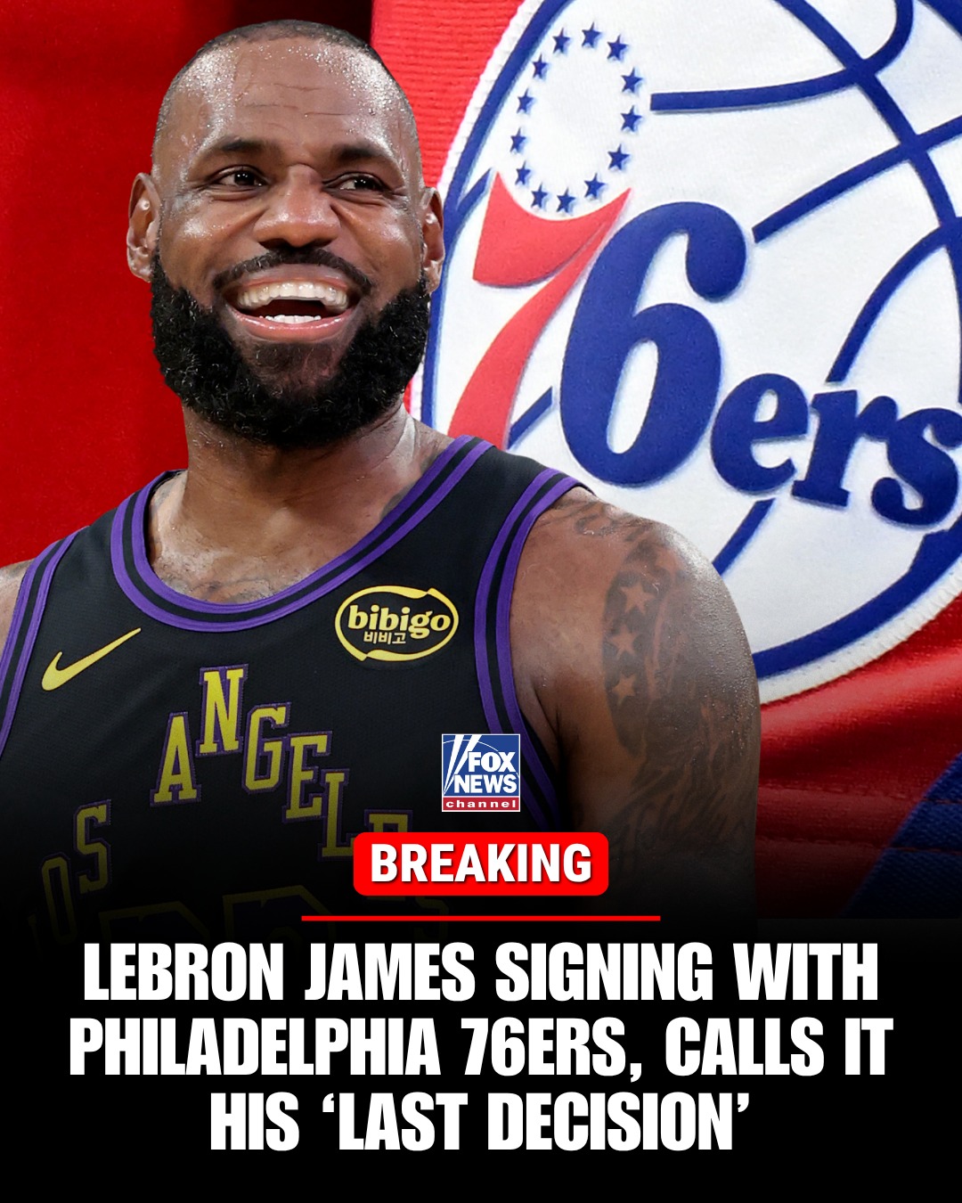 BREAKING: LeBron James will play his 24th NBA season with the Philadelphia 76ers, calling the move his "last decision" before retirement.

James, in a post on X, said he was "pretty sure" he had played his last game, but he still truly loves basketball.

"I’m not going for money. I’m not going for family... I still want to work. I still want to grind. I still want to compete, to win and to have a chance at the feeling of winning," the NBA legend said.

The Sixers beat out James' rumored interest in the Cleveland Cavaliers, Golden State Warriors, Minnesota Timberwolves, Philadelphia 76ers and Miami Heat, signing James to a two-year deal.