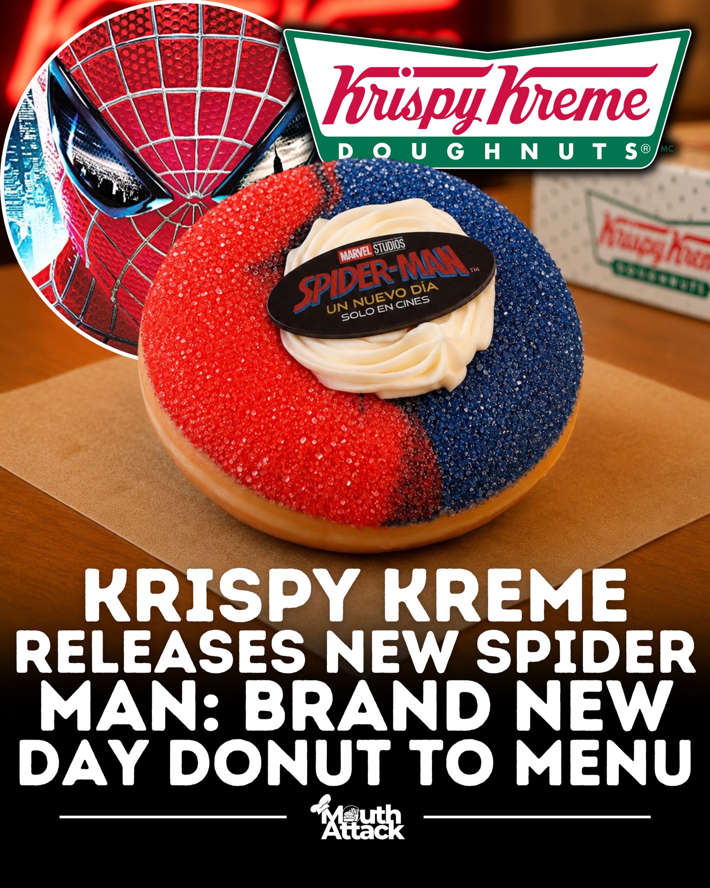 Krispy Kreme Mexico is swinging into action with a brand-new Spider-Man collaboration!

To celebrate the upcoming release of Marvel Studios’ Spider-Man: Un Nuevo Día, Krispy Kreme México has unveiled two limited-edition Spider-Man doughnuts, available from July 20 through August 26 at participating locations across Mexico. 

🔴🔵 One of the featured treats is the “Twist de Sabor” doughnut, decorated in Spider-Man’s iconic red-and-blue colors with a sweet-and-sour sugar coating and topped with whipped frosting and a Spider-Man chocolate plaque. Fans can also grab the “Identidad Chocolatosa” doughnut, a chocolate-inspired creation themed around the web-slinging hero. 

🎬 The limited-time collection arrives as part of the promotion for Spider-Man: Un Nuevo Día, which hits Mexican cinemas on July 29. If you’re a Marvel fan (or just love unique doughnuts), this crossover is one you won’t want to miss! 

📸: @krispykrememexico