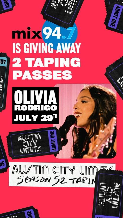 THIS GIVEAWAY IS NOW CLOSED, WINNER HAS BEEN CONTACTED 

🚨 ATTENTION OLIVIA RODRIGO FANS 🚨
@mix947austin and @acltv are teaming up to give away one pair of taping passes to the @oliviarodrigo ACL TV taping on July 29th at 8 PM CT at @acllive 💜

HOW TO WIN:

✨ Follow @mix947austin and @acltv 
✨ Like this post
✨ Share this post to your story 
✨Comment below who you’re bringing with you to the show (as many times as you want!)

Winner will be selected and notified by Instagram DM Monday, July 27th at 7 PM CT. Winner is responsible for travel and accommodations to the event. 

#austin #oliviarodrigo #acltv #music #texas