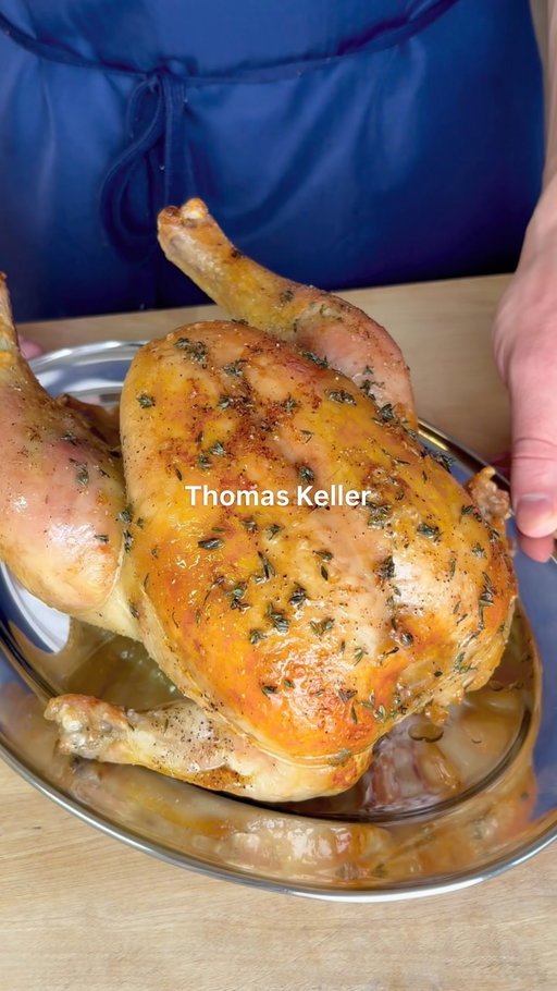 How to Make Thomas Keller’s Roast Chicken ⭐️⭐️⭐️

FULL RECIPE BELOW ⬇️

(feeds 4 people)

INGREDIENTS:
1 4-5 lb chicken
1.75L cold water
250g ice (~1 cup)
1/3 cup kosher salt + more to taste
2 tbsp granulated sugar
2 bay leaves
2 sprigs rosemary
1 tsp whole black peppercorns 
1/2 lemon
1/4 lb + 1 tbsp butter 
7-8 sprigs thyme
1 large carrot
2 Yukon gold potatoes 
1 large leek
1 shallot
100mL white wine
1L chicken stock (no salt added)
Freshly cracked black pepper (to taste)

CHICKEN INSTRUCTIONS:
1. At least 48 hours before cooking, but ideally 3-4 days before, make the brine for your chicken. Add your salt, sugar, bay leaves, rosemary, and whole peppercorns to a small pot, and cover with 250mL of your water. Bring to a boil, just until the salt and sugar is fully dissolved. Transfer your brine base to a large non-reactive container. Whisk in your 250g of ice to cool down the mixture. Add your remaining 1.5L of cold water. Add the juice from your 1/2 lemon, and throw the lemon in as well. Place your chicken into the brine, ensuring it is fully submerged. You can do this by placing a small plate on top of the chicken to weigh it down. Leave your chicken in the brine, refrigerated, for 1 hour per lb of chicken. In our case, 4-5 hours. 
2. When your chicken is finished brining, remove it from the brine and place it on a small tray with a wire rack. Pat your chicken dry, and make sure you drain out any liquid in the cavity. Leave your chicken to dry in the fridge, uncovered for at least 24 hours, but ideally 2-3 days before cooking.
3. 1 hour before cooking your chicken, remove it from the fridge to come up to room temperature. While doing so, truss your chicken. You will likely need about 6ft of butcher’s twine. I use the technique from Chef’s Steps on YouTube. It pulls the legs away from the breast, and allows the skin to get crispy everywhere. Here’s the link to the video 👇

🔗 https://youtu.be/G2leEwcDhXo?si=n6qLSr-x_FgXR6-y 🔗

RECIPE CONTINUES IN THE COMMENTS ⬇️

#roastchicken #roast #chicken #homecooking #recipe