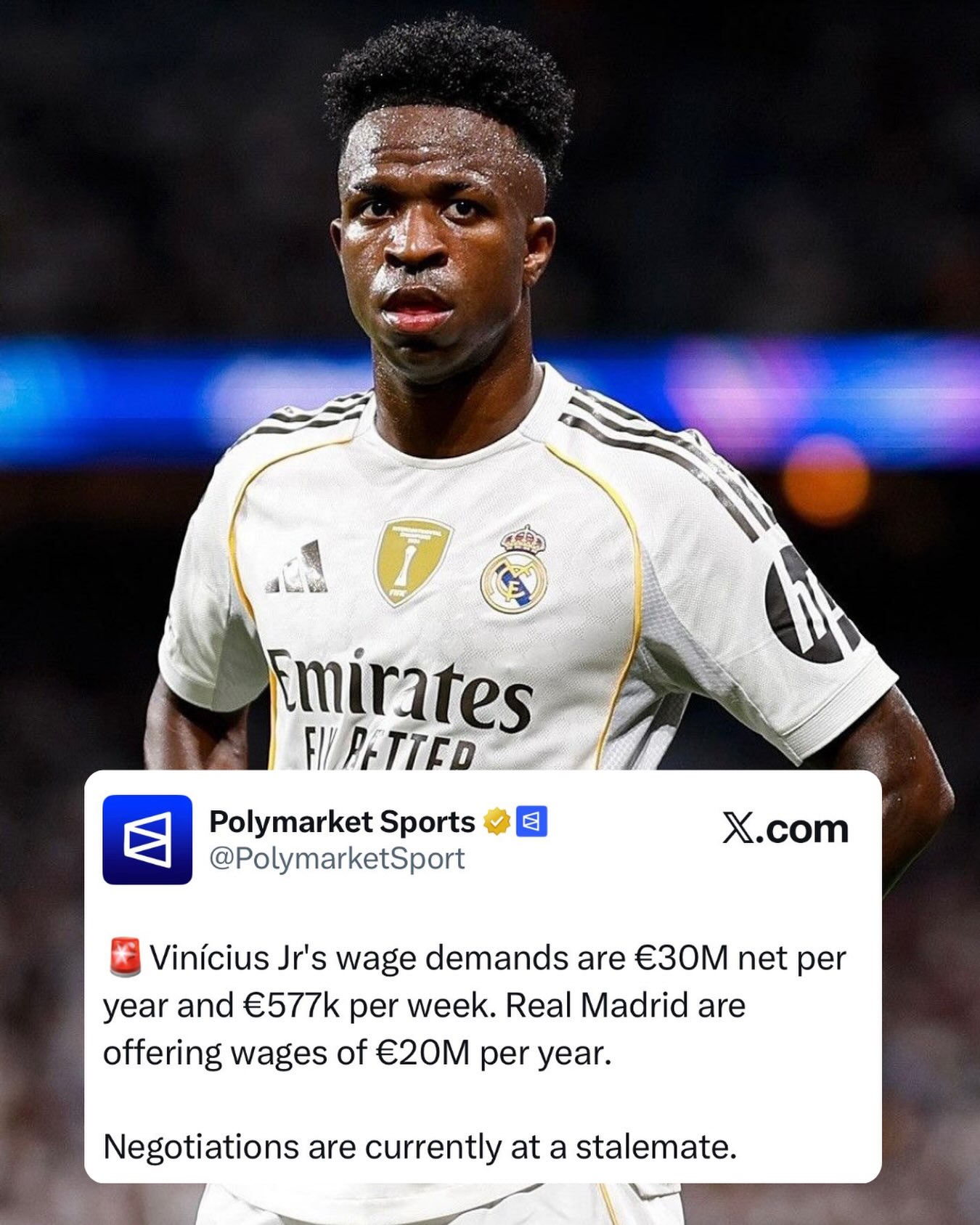 🚨Vinícius Jr’s wage demands are €30M net per year and €577k per week. Real Madrid are offering wages of €20M per year. 

Negotiations are currently at a stalemate.