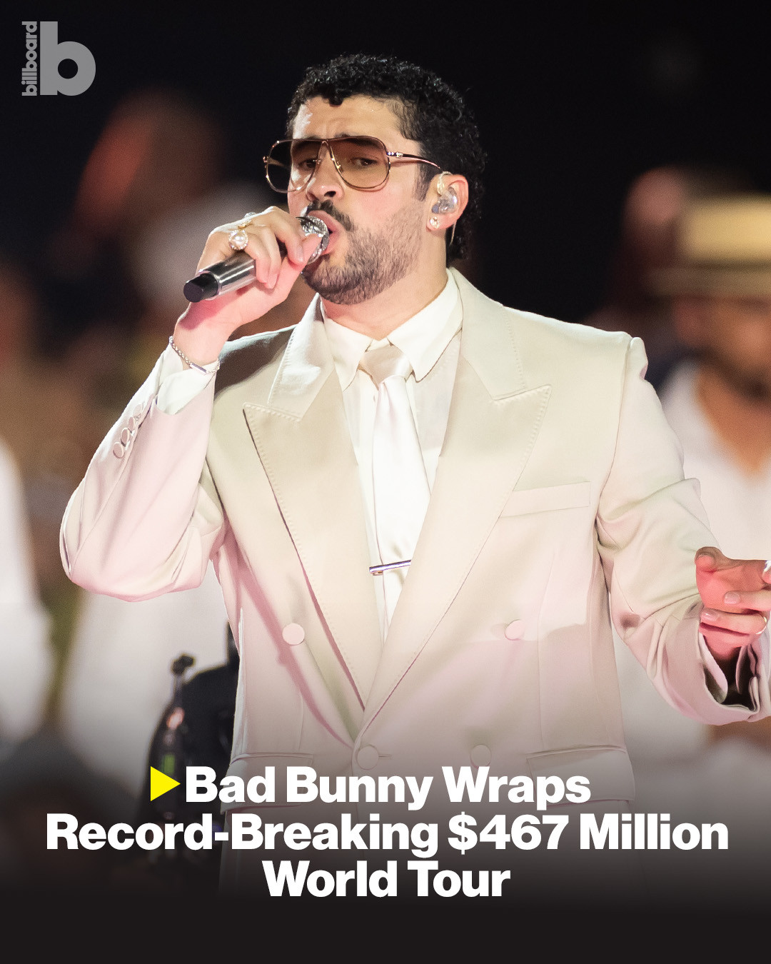 Bad Bunny has officially wrapped his record-breaking Debí Tirar Más Fotos World Tour. 💸⁠
⁠
The final show took place on Wednesday (July 22) in Brussels. According to figures reported to Billboard Boxscore, it grossed $467.5 million and sold 3.1 million tickets over 55 shows, setting several records in the process.⁠
⁠
Find a breakdown of the tour’s successes by the numbers at the link in bio.