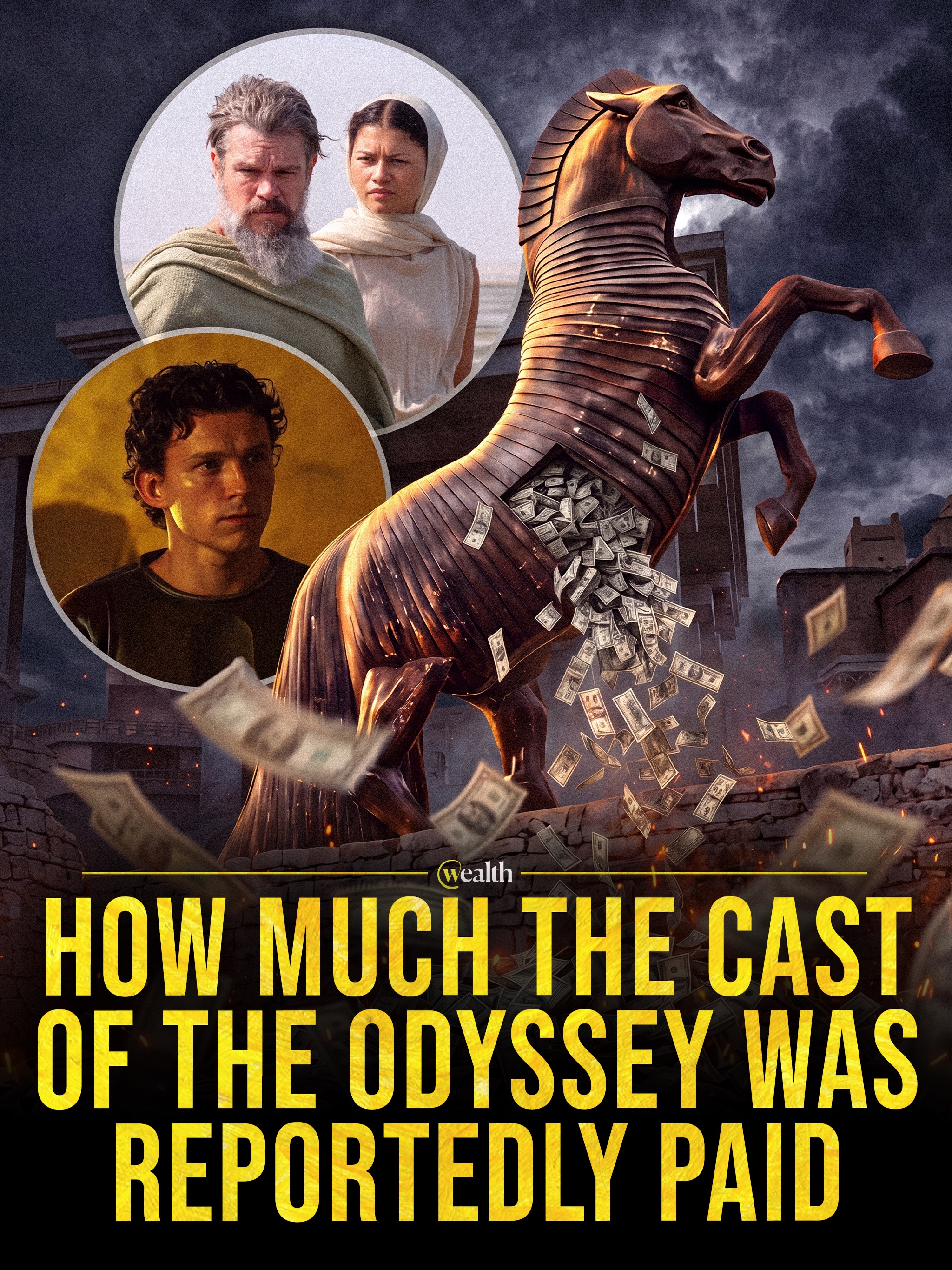Reported pay for The Odyssey’s stars ranges from $1.5 million to $15 million. 🎬💰

Matt Damon, who plays Odysseus, carries the highest estimate at $15 million, followed by Tom Holland at $10 million. Anne Hathaway and Robert Pattinson are each placed at $7 million, while Zendaya is estimated at $5 million.

Christopher Nolan’s adaptation of Homer’s epic opened July 17 with a reported $250 million production budget. Universal has not released individual contract details.

#TheOdyssey #ChristopherNolan #MattDamon #Hollywood #FilmIndustry