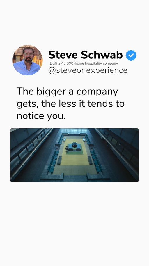 The bigger a company gets, the less it tends to notice you. 

As organizations scale, individual clients, guests, and employees often get lost in the noise of systems and spreadsheets. But growth shouldn't come at the cost of personal connection.

The best businesses don't just expand, they double down on making sure every person feels seen, valued, and prioritized no matter how big the company grows.

Bigger isn't the win. Better is.

Follow @steveschwab1971 for more hospitality and leadership insights. #LeadershipMindset #BusinessGrowth #CustomerExperience #CompanyCulture