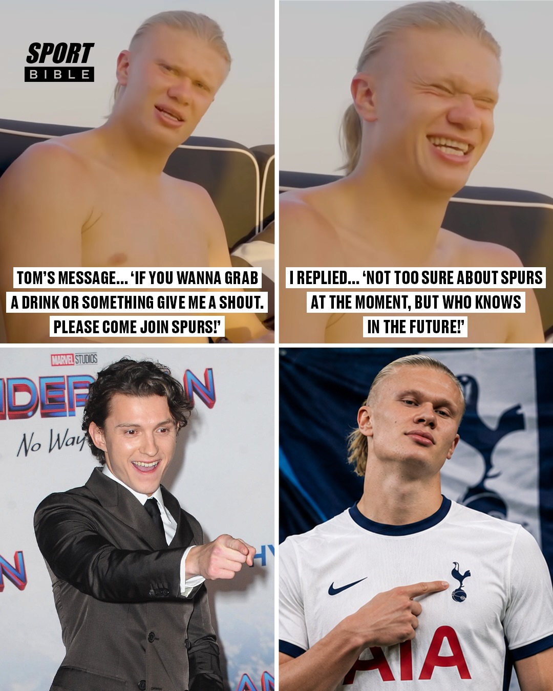 Erling Haaland responded to Tom Holland’s request for the Norwegian to join Tottenham after finally replying to the Hollywood actor’s message on Instagram 👀😂

The Man City striker didn’t say no… 😅

🎥 @erling