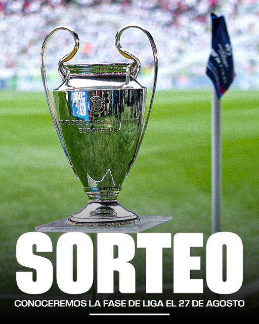📅 FECHA PARA EL SORTEO DE CHAMPIONS

🏆 La UEFA confirmó que el sorteo de la fase liga 2026/27 se realizará el jueves 27 de agosto.

⚽ Las 36 participantes conocerán sus cruces después de que terminen los playoffs, cuyas vueltas serán el 25 y 26 de agosto.