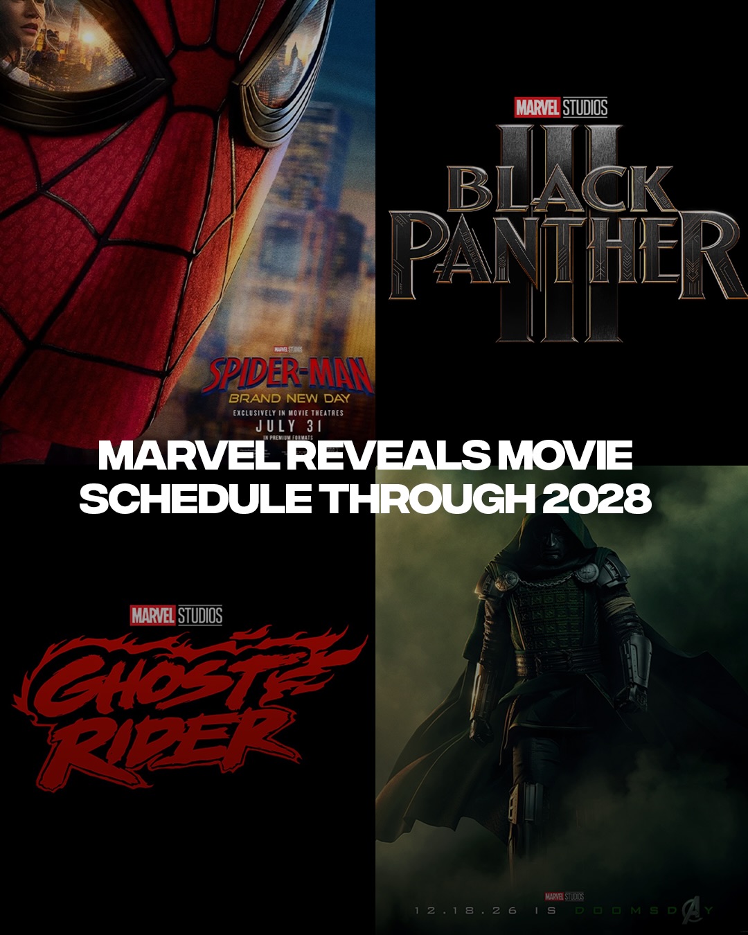Marvel’s upcoming slate is officially stacked. 🔥

Marvel Studios has unveiled its upcoming film slate through 2028, including Spider-Man: Brand New Day, Avengers: Doomsday, Avengers: Secret Wars, Black Panther III, and Ghost Rider.

Which movie are you most excited for?