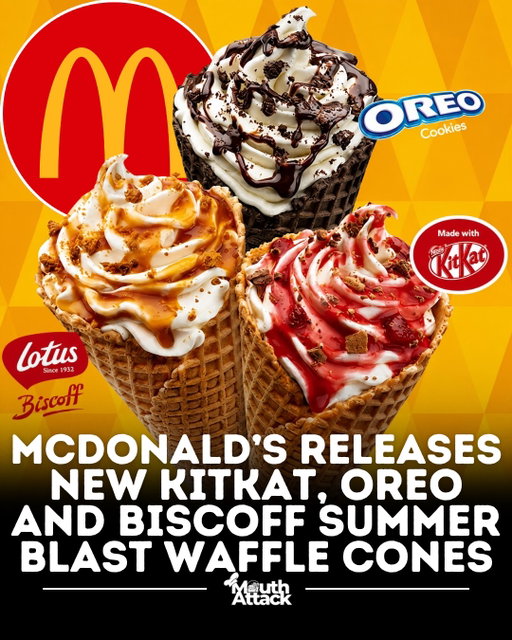 McDonald’s is bringing back its popular Summer Blast waffle cone lineup, offering a premium twist on its classic soft serve just in time for the hottest months of the year. 🍦☀️

The limited-time collection features creamy vanilla soft serve served in a crispy waffle cone and topped with indulgent flavors inspired by some of the world’s most recognizable treats. Fans can choose from:
🍪 Oreo – crushed Oreo cookies with rich chocolate drizzle.
🍫 KitKat – crunchy KitKat pieces paired with sweet strawberry sauce.
🍯 Lotus Biscoff – caramelized Biscoff cookie crumbles finished with a smooth Biscoff-style drizzle.

While the desserts aren’t brand new, they return each summer as a seasonal favorite across select international McDonald’s locations, including the Middle East and parts of India. Some regions also offer Mini Waffle Cone versions with flavors like mango, chocolate, vanilla, and butterscotch.

Despite their premium presentation, the treats remain an affordable dessert option, selling for around $1.60 USD in the Middle East or as little as $0.12–$0.22 USD in parts of India.