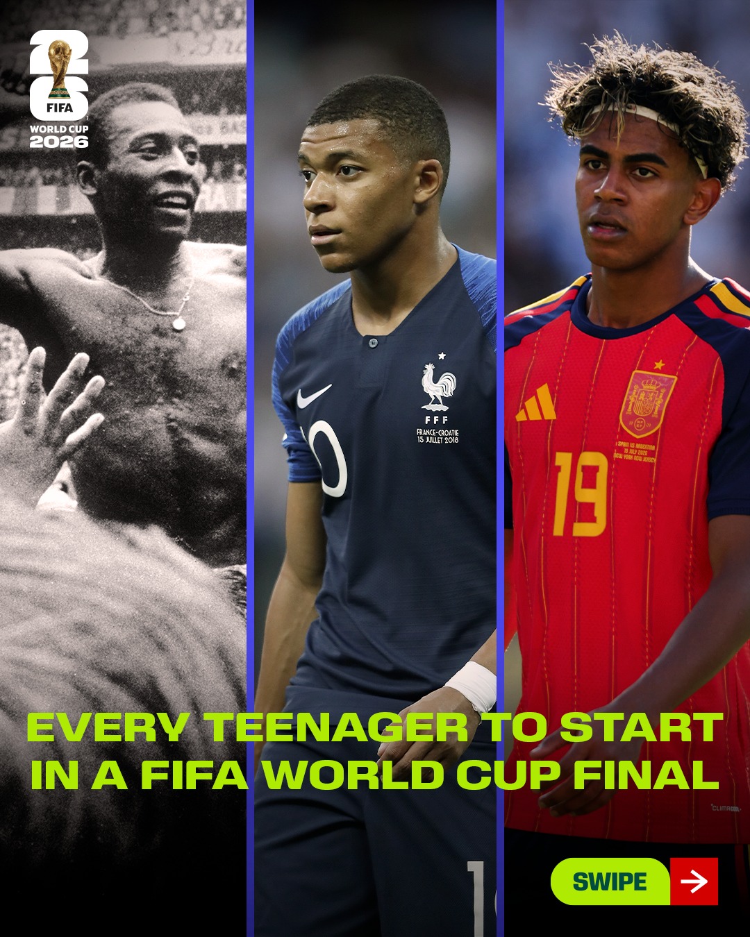 The five teenagers to start in a @FIFAWorldCup final 🙌

Spain's Lamine Yamal and Pau Cubarsí both joined the illustrious list in 2026, with all five players also going on to win the tournament! 🏆