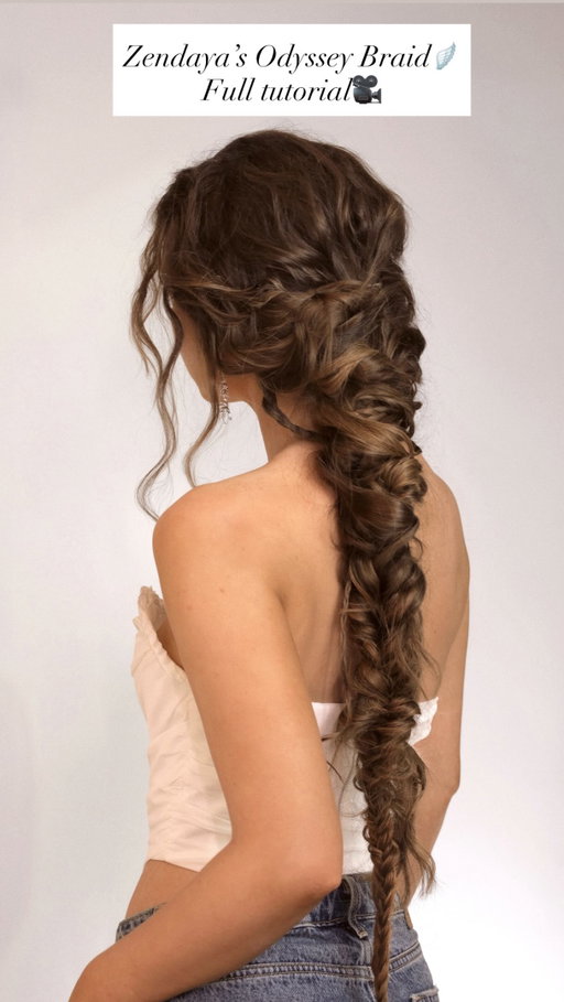How To: Zendaya Odyssey Braid🪽

Here’s a breakdown of my first attempt at recreating Zendaya’s stunning goddess braid she wore for #TheOdyssey premiere in NY!

This romantic lived in braid is originally by @coree.moreno 

Here are my steps for a similar style:
	1	add wave, curl & texture to hair
	2	create volume at the back & a twisted half up style
	3	tease 2 side sections, twist, add elastic & fluff apart for a thick start to the braid
	4	create a couple accent braids, wrap one around the base of the pony
	5	I did a butterfly twist before moving the hair over the shoulder to easily create a fishtail braid
	6	leave some strands under the braid loose & flowing with movement
	7	finally, make sure the accent braids and loose curls flow into the braid
 wave & tapered curling wand from @wavytalkofficial  extensions from @irresistibleme_hair 

Ps. If you do this on yourself, I find it hard to see where I have loose bobby pins & always have someone (my husband lol) check if any are showing & he helps hide them/ take out excess pins for a polished look!

#Zendaya #HairTutorial #EtherealHair #GoddessBraid