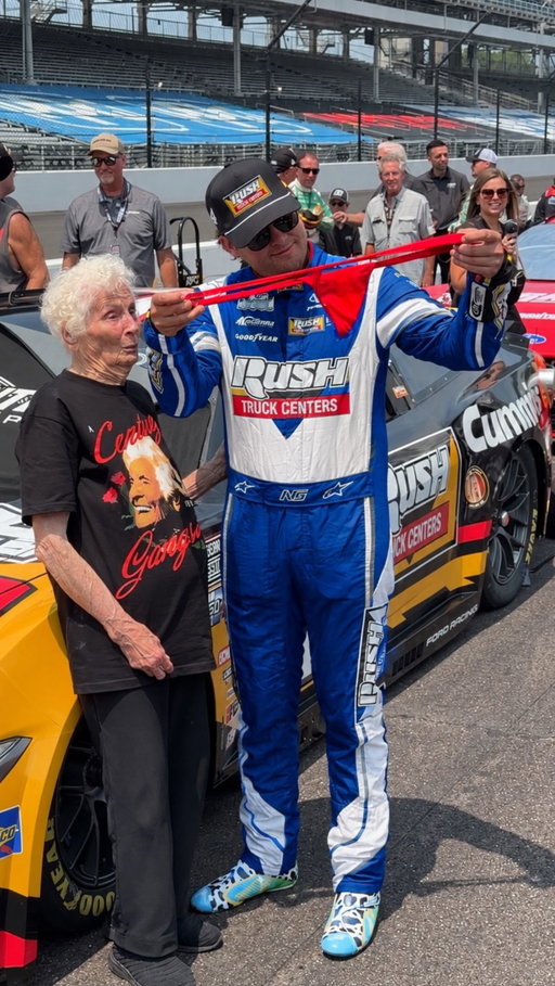 Granny gives her man a surprise before the big race 😳 #nascar #brickyard400 #relationships #cars