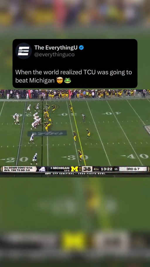 Third down. Michigan clawing back. Quentin Johnston said not today 💨🐸

No. 3 TCU led No. 2 Michigan in the 2022 Fiesta Bowl semifinal, but the Wolverines kept answering, cutting the Horned Frogs’ lead to single digits deep in the fourth quarter. On a pivotal third down, Max Duggan found Johnston streaking down the sideline.

Johnston hauled it in and turned upfield, outrunning the Michigan secondary for a 76 yard touchdown that pushed the lead back to double digits and broke the Wolverines’ momentum for good. TCU held on to win 51-45, completing one of the biggest upsets of the season and punching its ticket to the national championship game 🤯

Follow @theeverythingu for daily college sports content.

#CFB #TCU #Michigan #Collegefootball #CFP