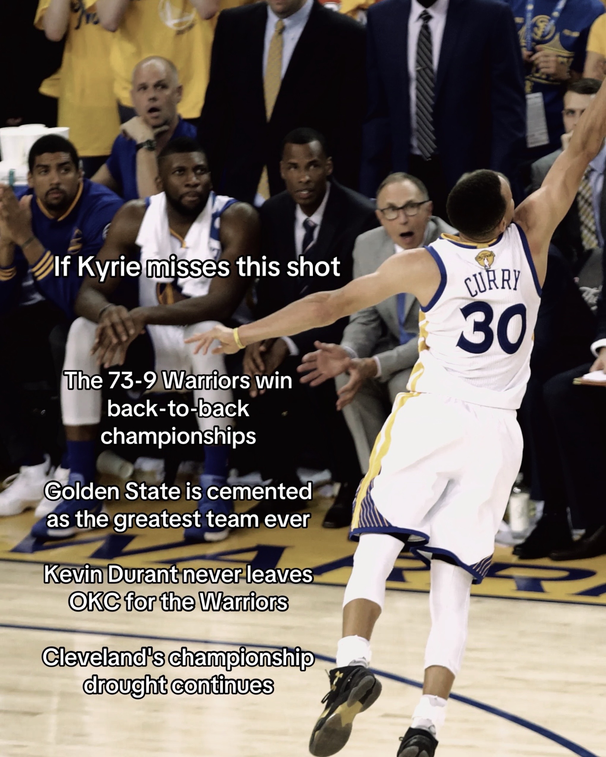 With under a minute left in Game 7 of the 2016 NBA Finals, the score was tied at 89-89 between the Cleveland Cavaliers and the Golden State Warriors. After a tense, multi-minute scoring drought from both teams, Kyrie Irving isolated against Stephen Curry on the right wing.

With 53 seconds remaining on the clock, Kyrie shook Curry with a quick crossover, stepped back, and hit a heavily contested, high-clutch three-pointer. The shot gave the Cavaliers a 92-89 lead, effectively sealing the game and completing the historic 3-1 comeback to bring Cleveland its first-ever NBA championship.