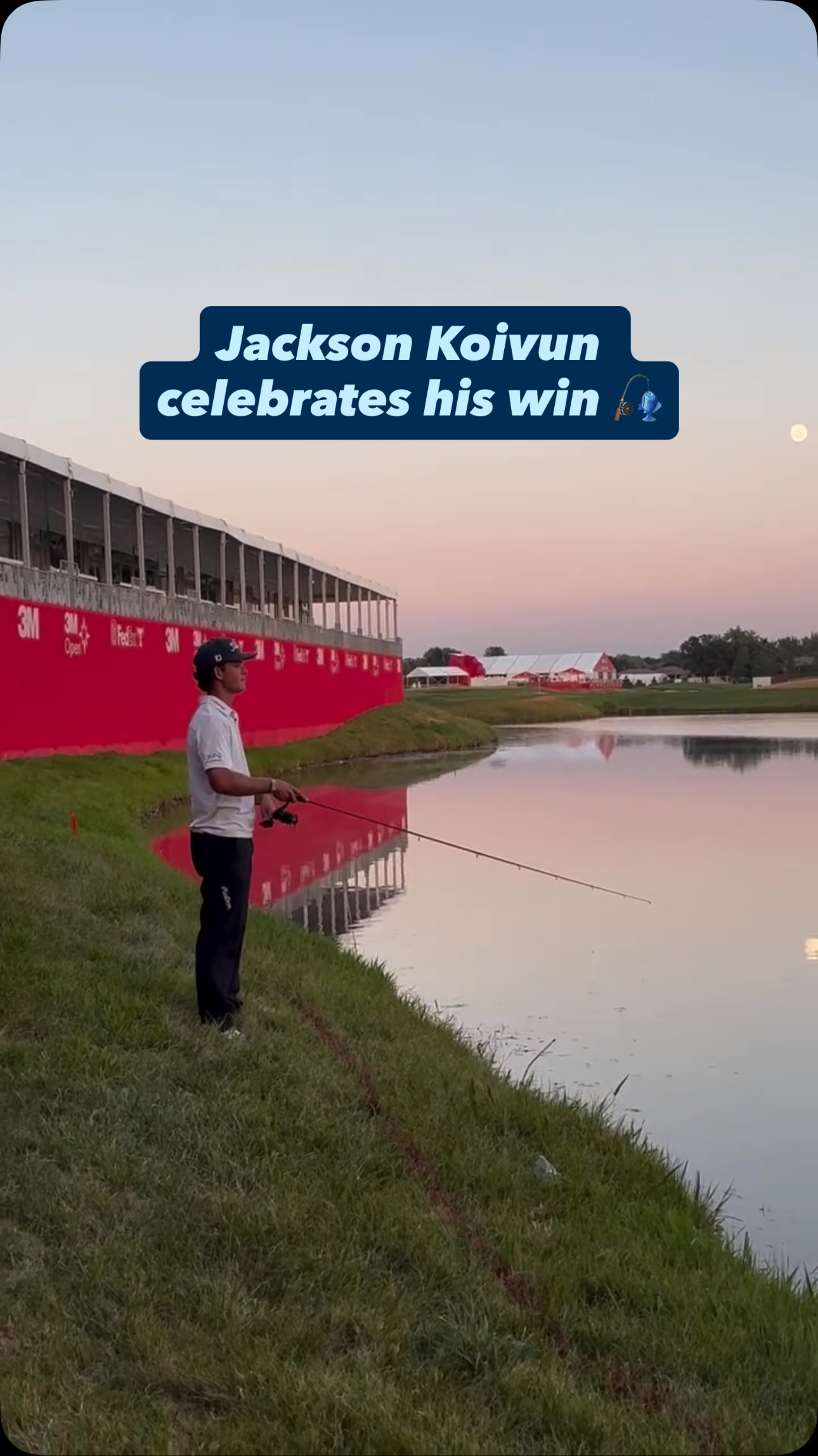 How is Jackson Koivun celebrating his first PGA Tour win?

By going fishing in the pond by the 18th green. (🎥 @3mopen // IG)