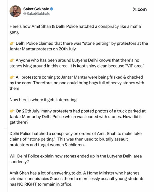 India’s Home Minister Amit Shah is a criminal who hatched a conspiracy to accuse peacefully protesting youth at Jantar Mantar in Delhi of “stone pelting”. 

This conspiracy was used to unleash brutal lathi charge, tear gas, and even pellet guns on students & youth. Women were groped & children were mercilessly beaten up. 

These are some FACTS that expose the Amit Shah-Delhi Police conspiracy. 

If there’s a resignation this country really needs, then that’s of Amit Shah who is the mastermind of the murder of our democracy.