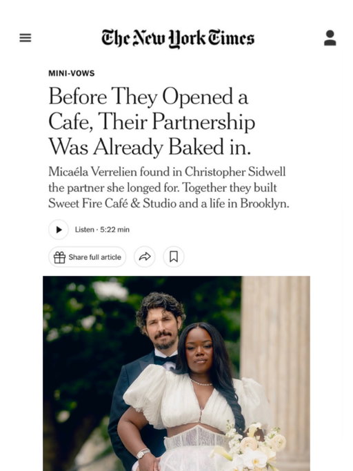 And just like that, the @sweetfirebrooklyn owners, @micaelaverrelien and @jpapiblanco , are officially married — announced in an exclusive feature with @nytimes The New York Times written by @donnakimnyc 

They celebrated with an intimate civil ceremony, a moment that felt especially meaningful as they prepare for their wedding next month in Italy surrounded by their closest friends and family.

Read their full New York love story online and grab a copy of the Sunday paper on newsstands now. Link in bio.

Bridal Team Details: 
Photographer: @sydney.shaw 
Writer: @donnakimnyc 
Custom Dress: @atelierndigo 
Hair: @niee__a 
Makeup: @nastudioco 
Jewlery: @grownbrilliance @rolex 
Shoes: @bellabelleshoes 
Car: @lexususa 
Florals: @brunianyc 

#wedding #newyorklove #2026bride #civilwedding #interracialcouples