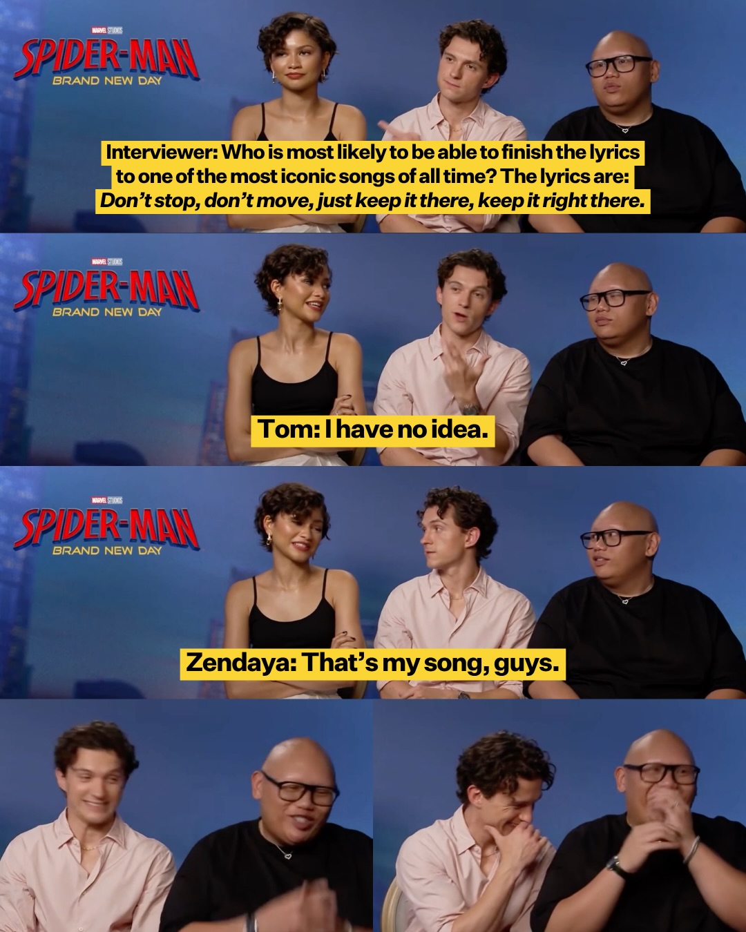Tom Holland not recognizing the lyrics to Zendaya’s “Replay” is taking me OUT. 😭 I know he’s got that song on replay now.

Photo: Pedestrian TV #TomHolland #Zendaya