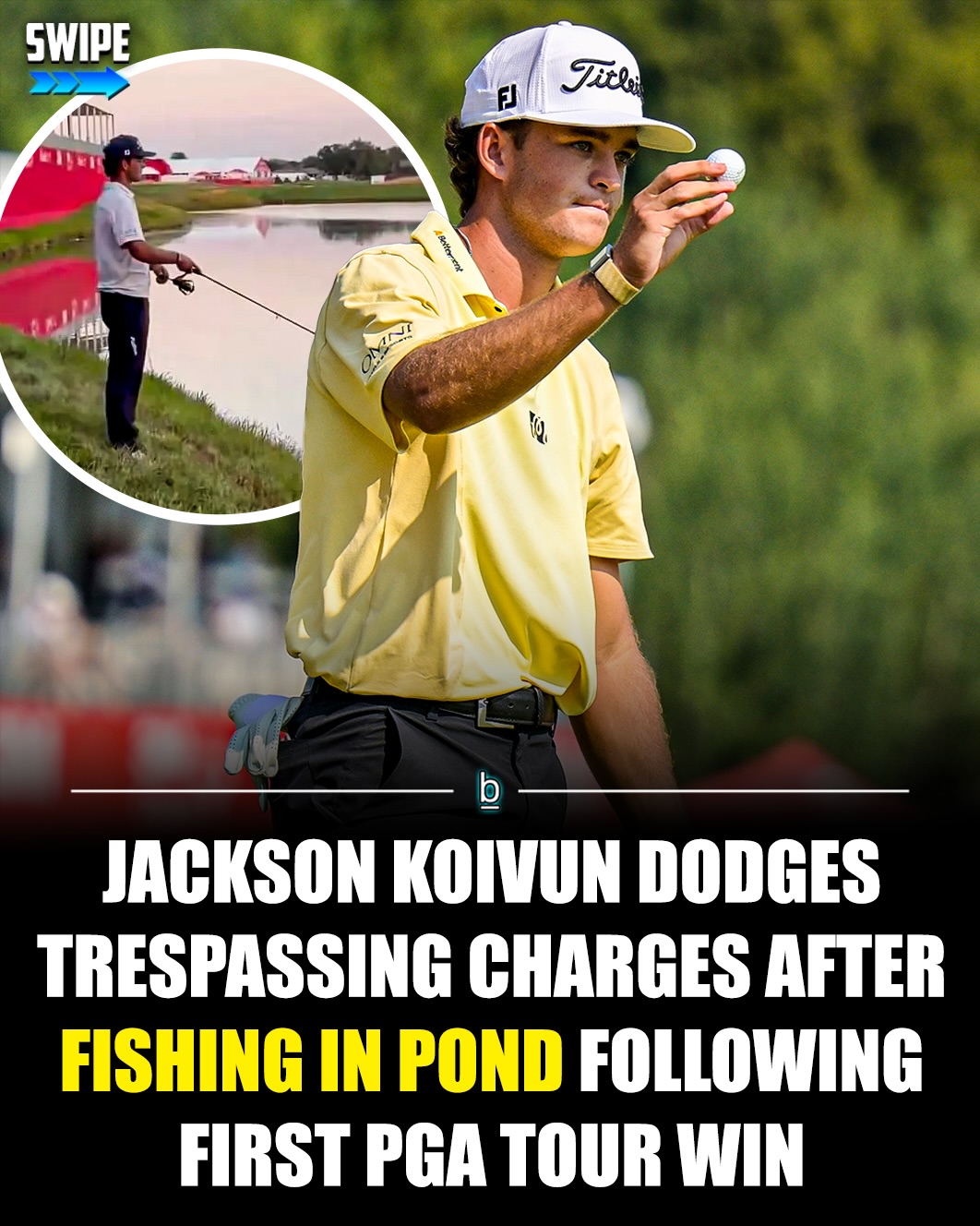 Jackson Koivun’s first PGA Tour win came with a trophy, a $1.584 million paycheck… and almost a trespassing violation. 😂🎣

The 21-year-old rookie stunned the golf world by winning the 3M Open, holding off Scottie Scheffler to secure his first career PGA Tour victory. After the celebration wrapped up, Koivun was spotted doing something few champions would think of. He grabbed a fishing rod and started casting into the pond beside the 18th hole.

The funny part is TPC Twin Cities has signs posted around the property warning that “Fishing at TPC Property is trespassing” and anyone caught could be “removed and prosecuted.”

Fortunately for Koivun, it appears those rules are meant for people sneaking onto the course just to fish, not the guy who had just conquered it. He wasn’t hauled off in handcuffs, and while he didn’t seem to catch anything, it’s safe to say he reeled in the biggest prize of the day.

Not a bad way to celebrate your first PGA Tour win. 🏆🎣

Follow 👉 @brobible for all things “dude” 😎 

#golf #pgatour #golfing #men #dudes