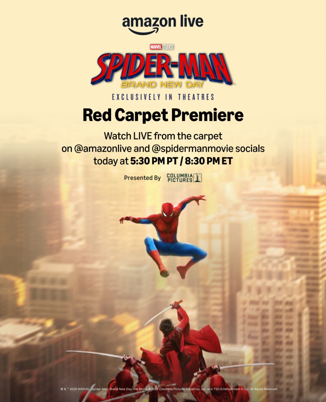 It’s go time.🕷️🔴 Tune in to the Spider-Man Brand New Day Red Carpet Premiere LIVE on @amazonlive & @spidermanmovie socials today at 5:30PM PT / 8:30PM ET. @amazonlive 🔗 in bio